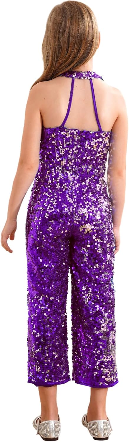 JEYPINMI Girls Sequins Jumpsuits Kids Sparkly Party Rompers Gown Halter Sleeveless Latin Jazz Dance Costume