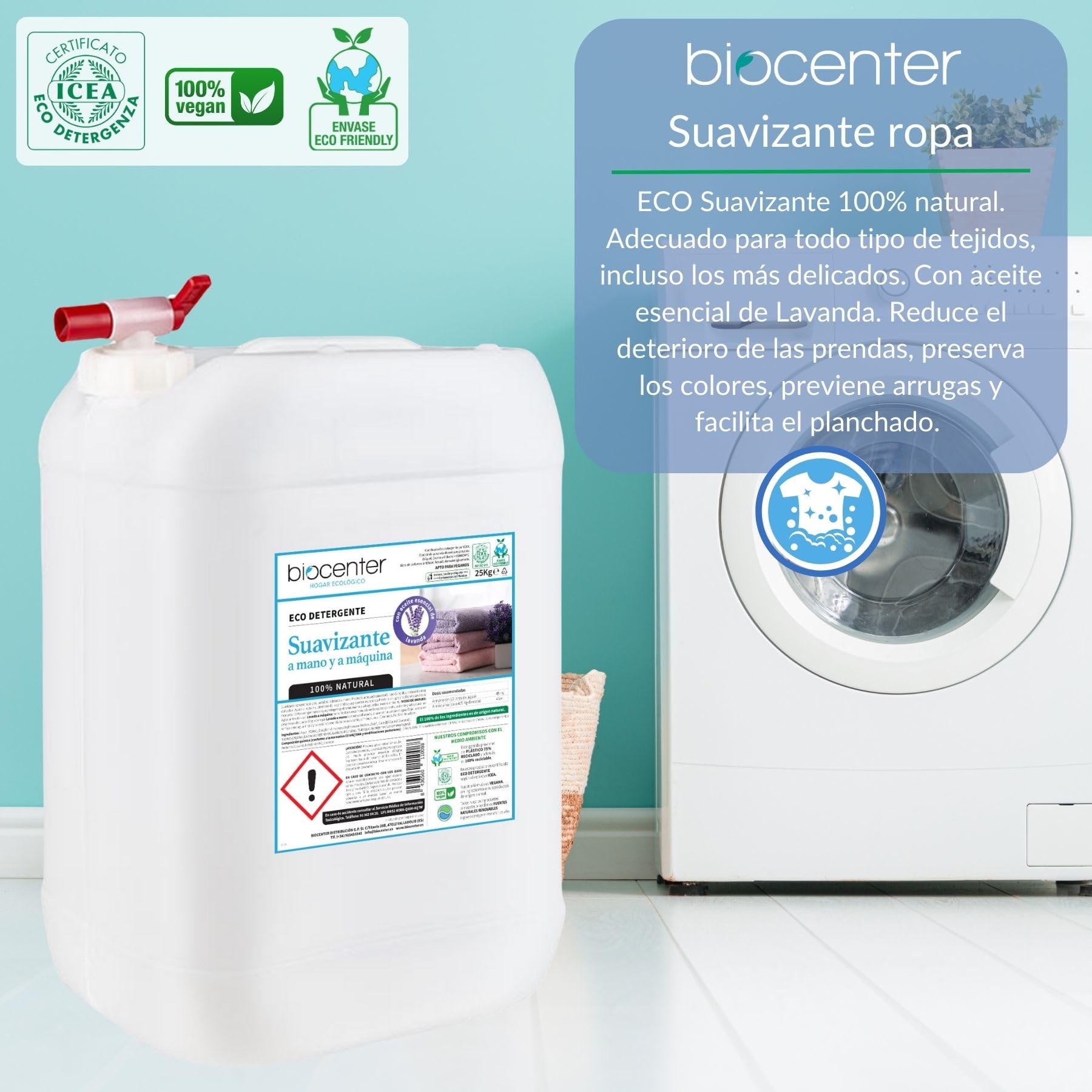 BIOCENTER - Suavizante ecológico para ropa - LAVANDA - Formato a granel de 25 Kg. Con Grifo de regalo.