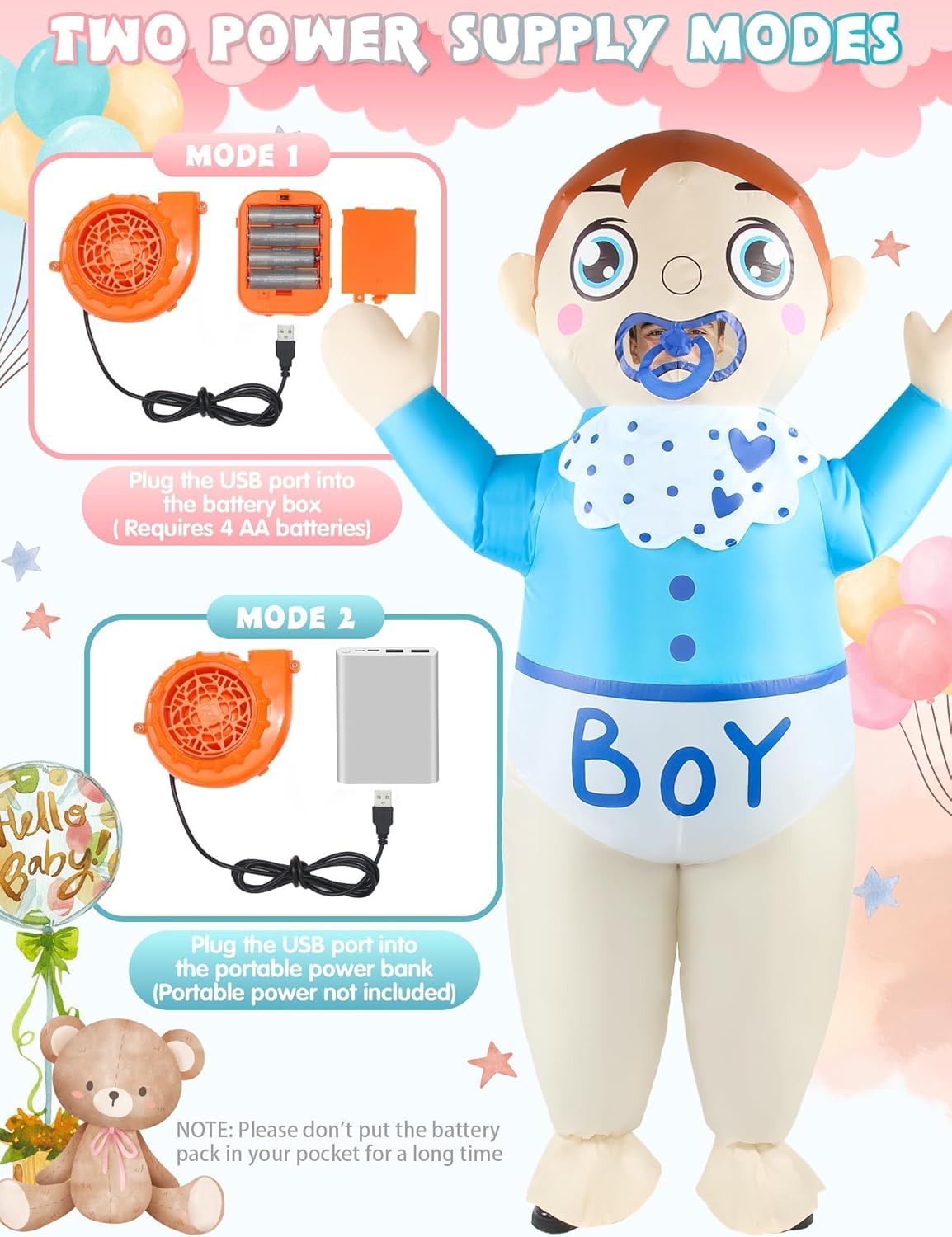 2 Pcs Inflatable Baby Costume for Adults Funny Blow Up Gender Reveal Baby Shower Costumes Boy Girl Party Outfit Giant Blue Pink Cosplay Blowup Babies Suit Halloween