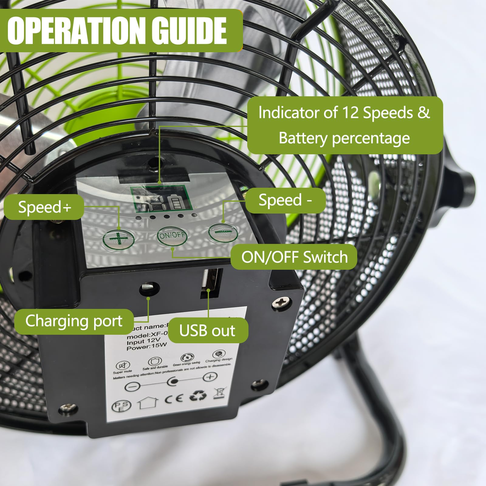 lcocove Zasilany baterią wentylator zasilany energią słoneczną, przenośny wentylator domowy lub zewnętrzny, może pracować 5-24 godziny, zaprojektowany do szopy, wentylator huraganu, z wyjściem USB do