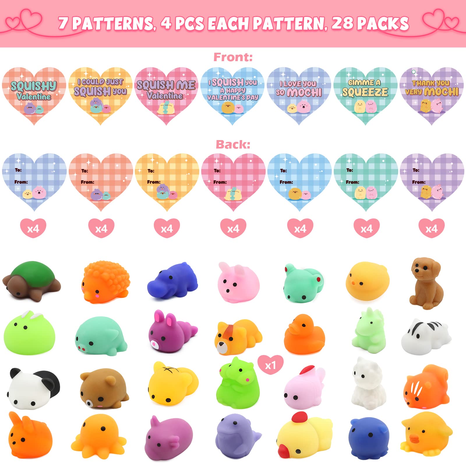 SURCVIO 28 Pack Valentines Day Gifts for Kids, Mochi Squishies Party Favor Set with Filled Hearts and Valentines Greeting Cards, Valentine's Day School Prize Party Favor, Classroom Exchange Gift Set