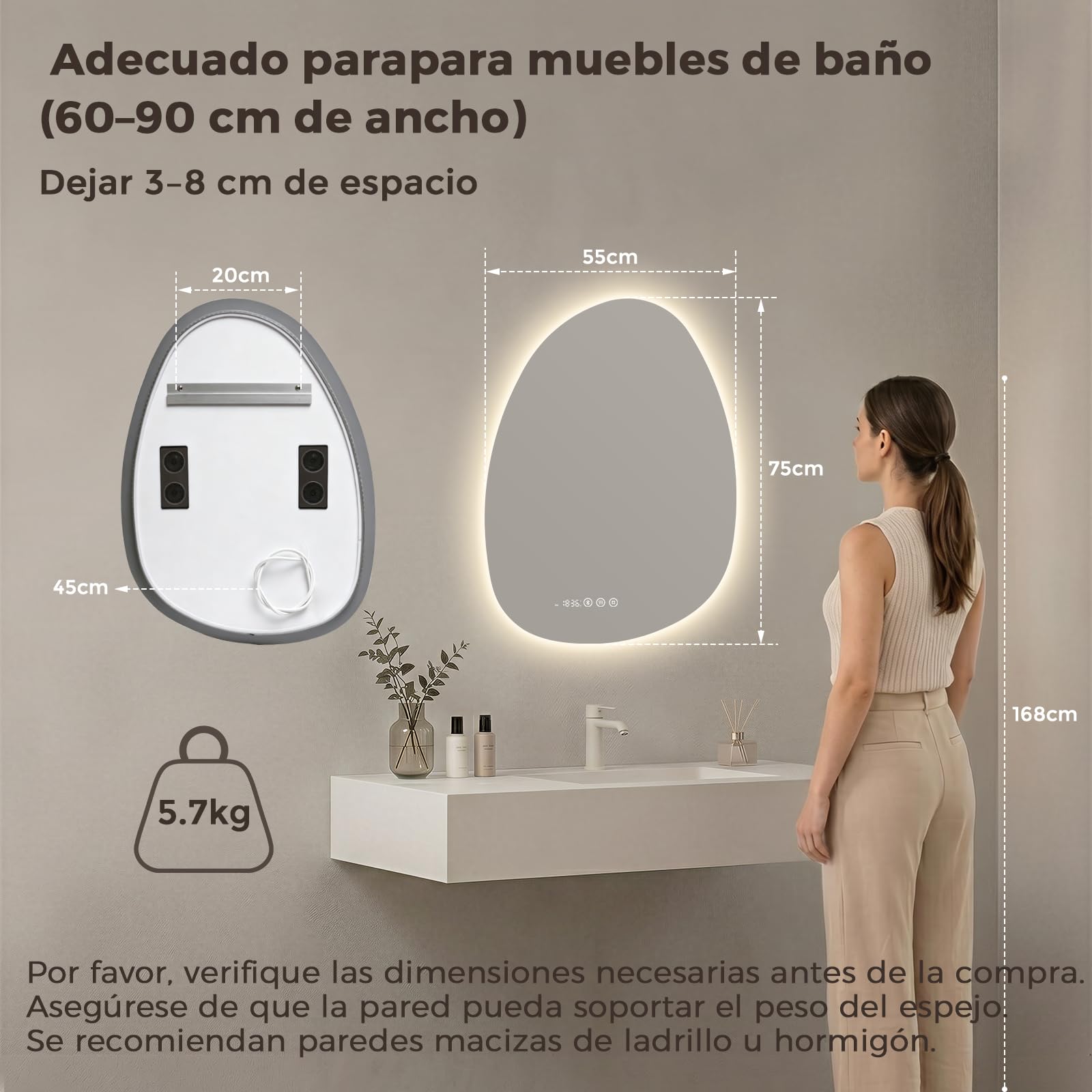 Espejo Baño con Luz LED Asimétrico 75x55 cm Bluetooth