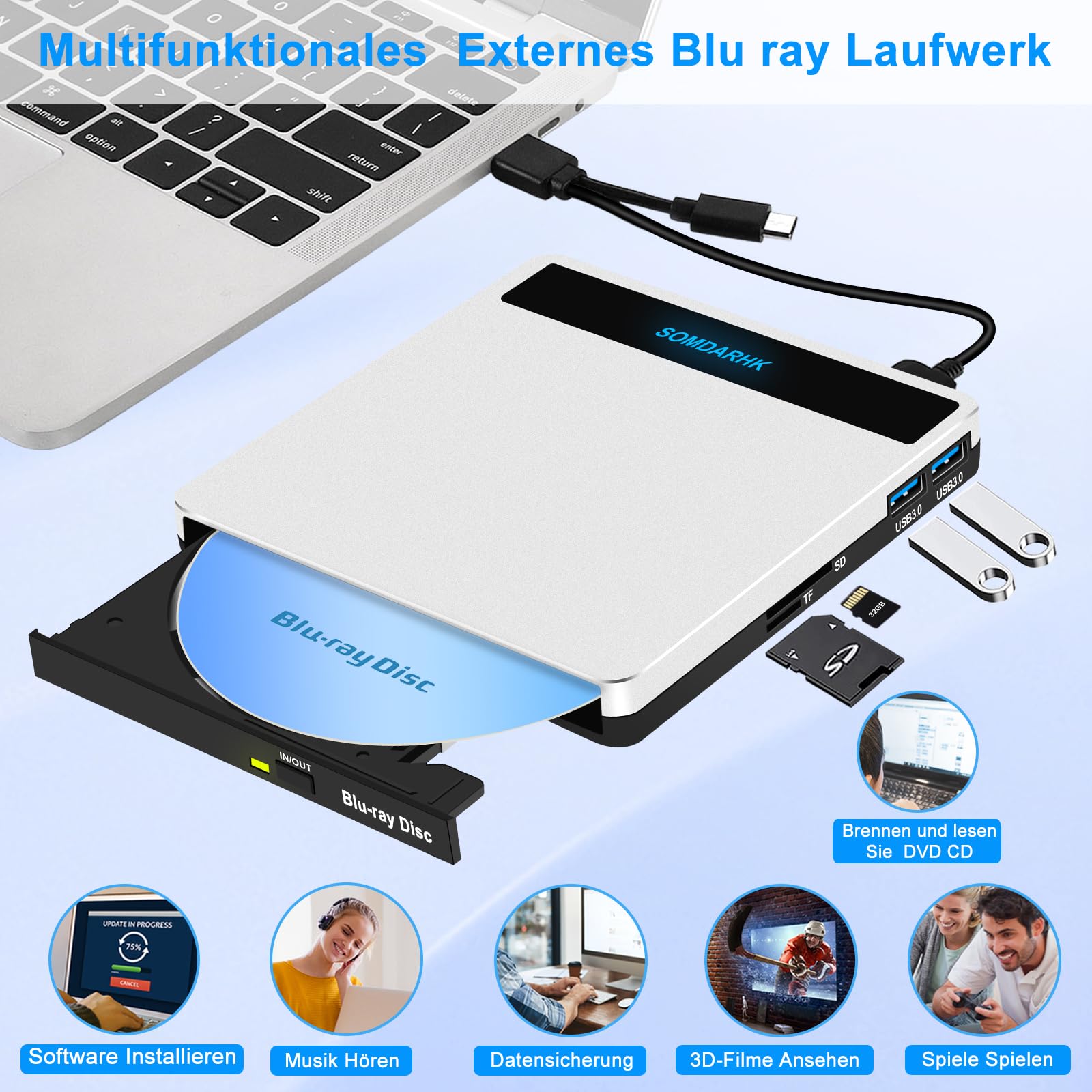 Externes Blu Ray Laufwerk: USB 3.0 Type-C Bluray Laufwerk Extern Mit SD/TF Slot & 2 USB Ports - Tragbare Externer CD/DVD Blu-ray Brenner Kompatibel mit Laptop PC Mac Windows(Silber)