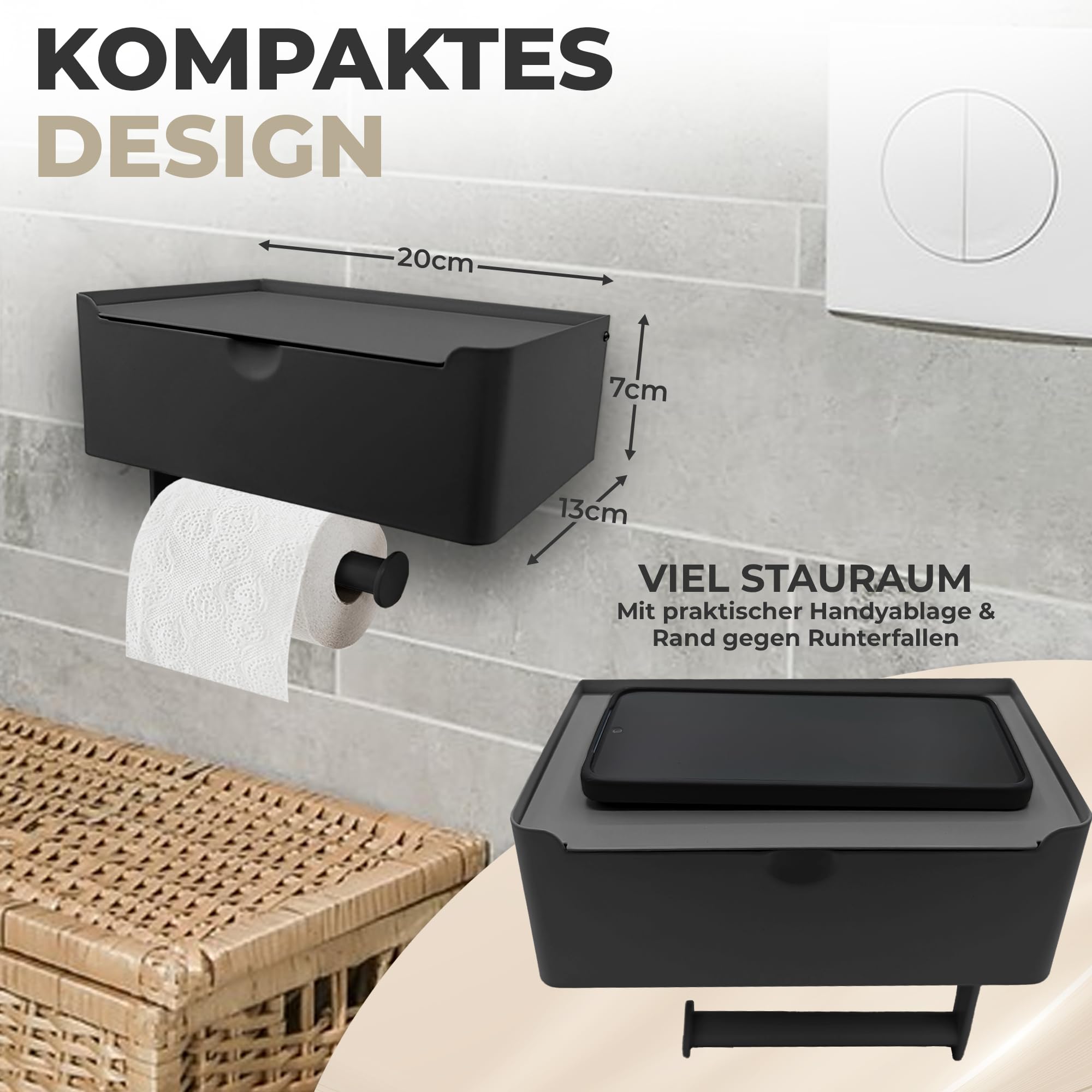 ZONJIE Toilettenpapierhalter Mit Feuchttücherbox – Selbstklebend, Edelstahl Schwarz, Ohne Bohren