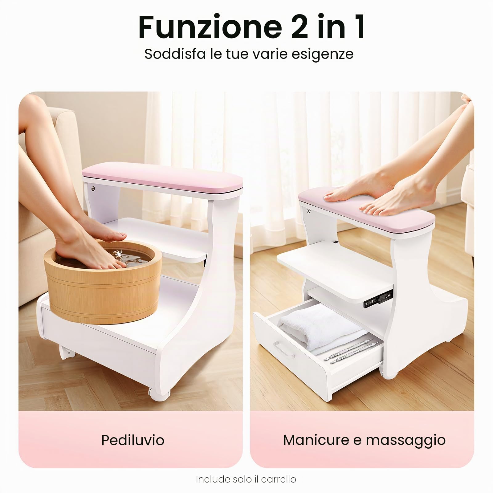 Carrello per pedicure, mobile a rotelle per manicure e cura, sgabello a quattro ruote con vassoio e stoccaggio, con poggiapiedi, ideale per salone di bellezza, spa e uso domestico