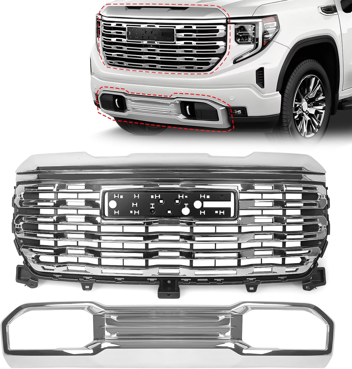 Grille Compatible with GMC Sierra 1500 Denali 2022 2023 2024 Hood Mesh Front Bumper Upper w/o Camera Hole 85622841