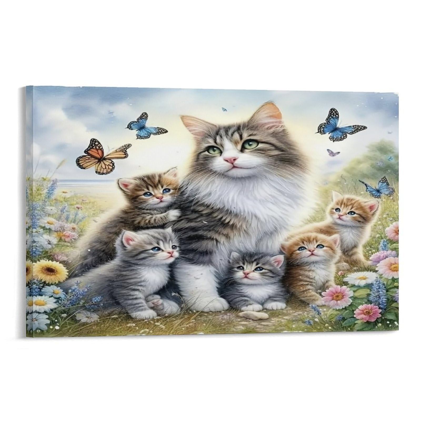 CPLVKWRQJ Cute Cat Family Individual Mother Cat Four Kittens Wildflower Butterfly Wall Art Decor - Office Wall Focal Art Multi-Purpose Fade Resistant Decor 12x18inch(30x45cm)