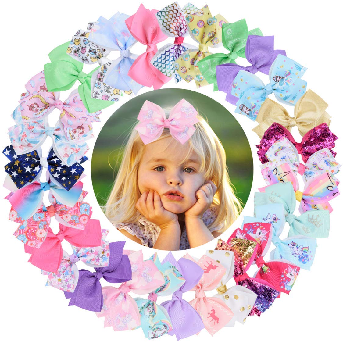 30 Pcs 5’’ Hair Bows Grosgrain Ribbon Hair Bow Alligator Clips Unicorn Hair Bows Hair Accessories for Girls