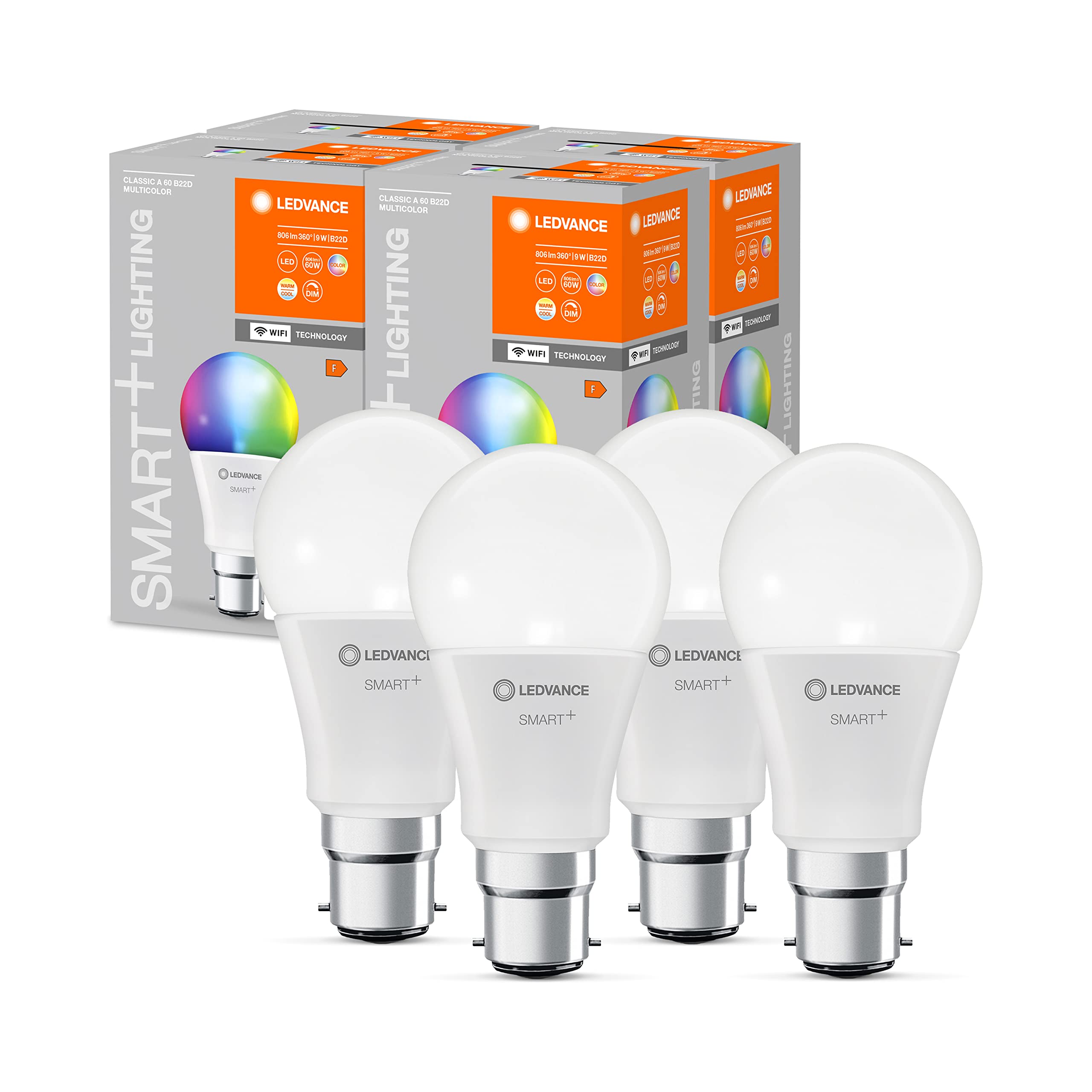 LEDVANCE Smarte LED-Lampe mit WiFi Technologie, Sockel B22d, Dimmbar, Lichtfarbe änderbar (2700-6500K), RGB Farben änderbar, ersetzt Glühlampen mit 60 W, SMART+ WiFi Classic Multicolour, 4er-Pack