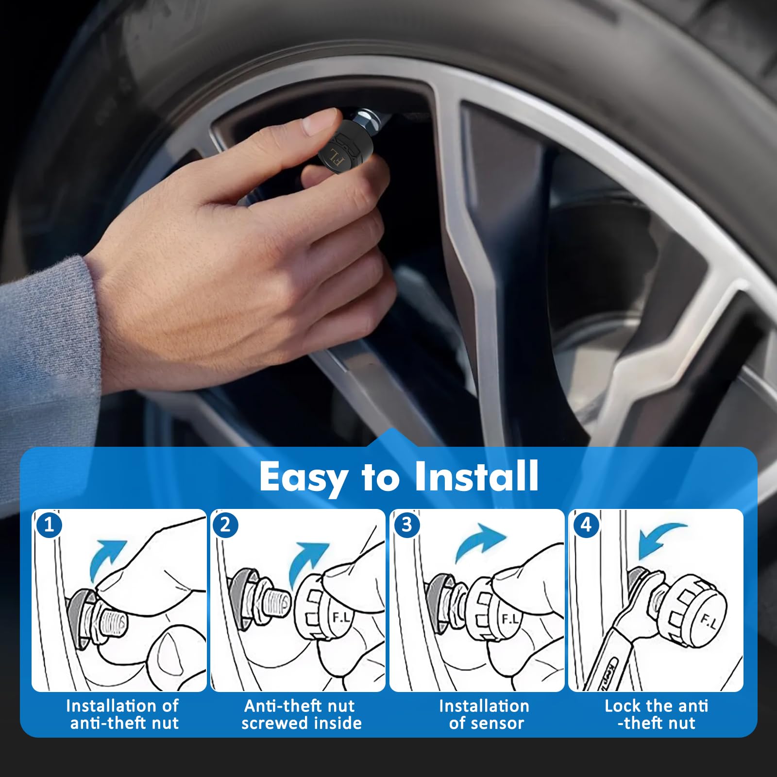 TPMS di Monitoraggio della Pressione dei Pneumatici Staccabile Ricarica Solare Wireless Sistema di Monitoraggio con Allarme, 4 Sensori, 22-87Psi Display Dell'ora per Camper Van Auto | 4 sensori di pressione degli pneumatici impermeabili, 5 allarmi,Autovet