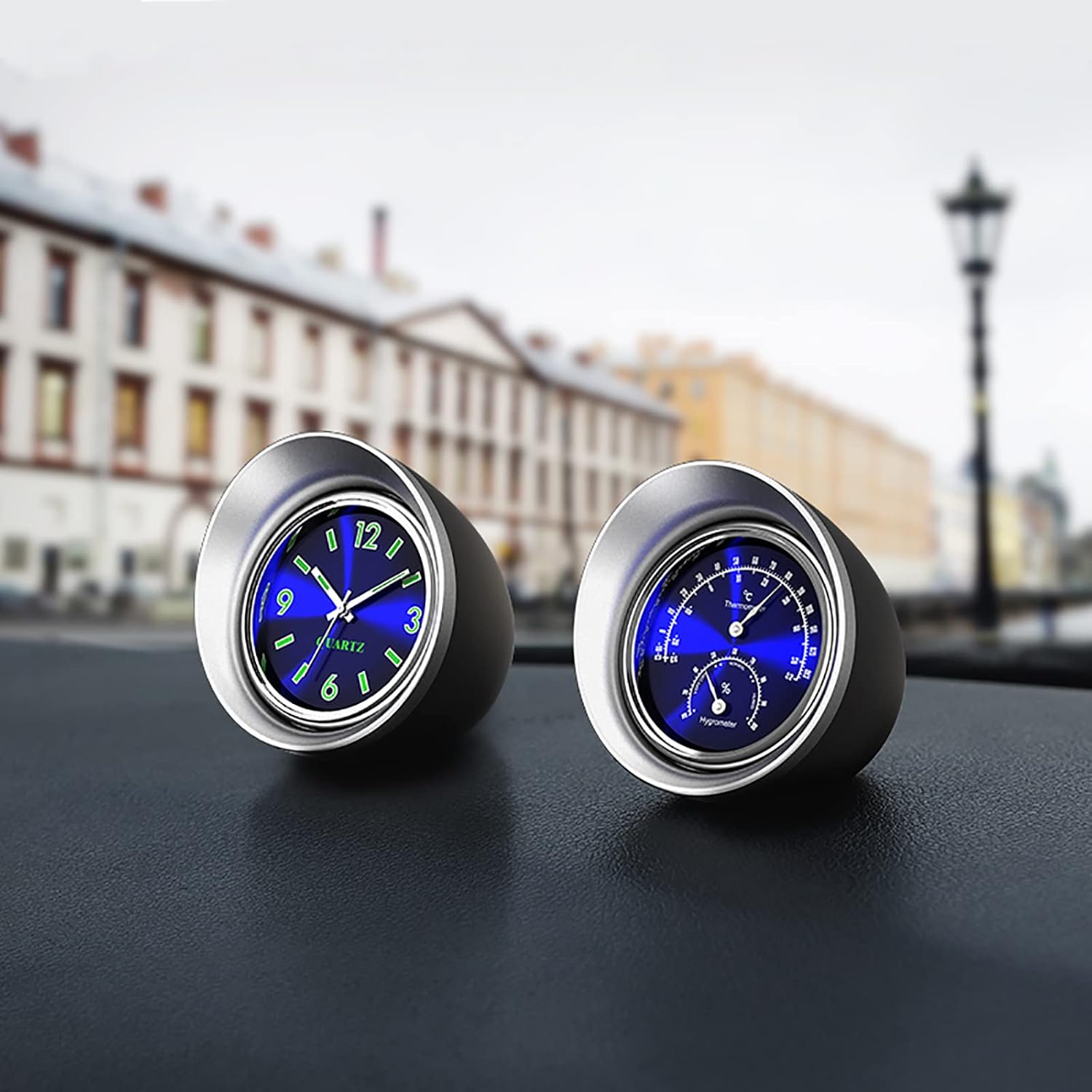 COYOUCO Car Vehicle Thermometer Hygrometer Clock, Stick-On Classic Dashboard Thermometer Hygrometer Clock with Quartz Digital Luminous for Car Cool Decoration,Blue