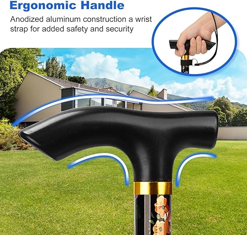 Miniatura 6 de MFE Bastón plegable, portátil de 5 niveles de altura ajustable con diseño plegable, correa de muñeca y mango en T para hombres y mujeres