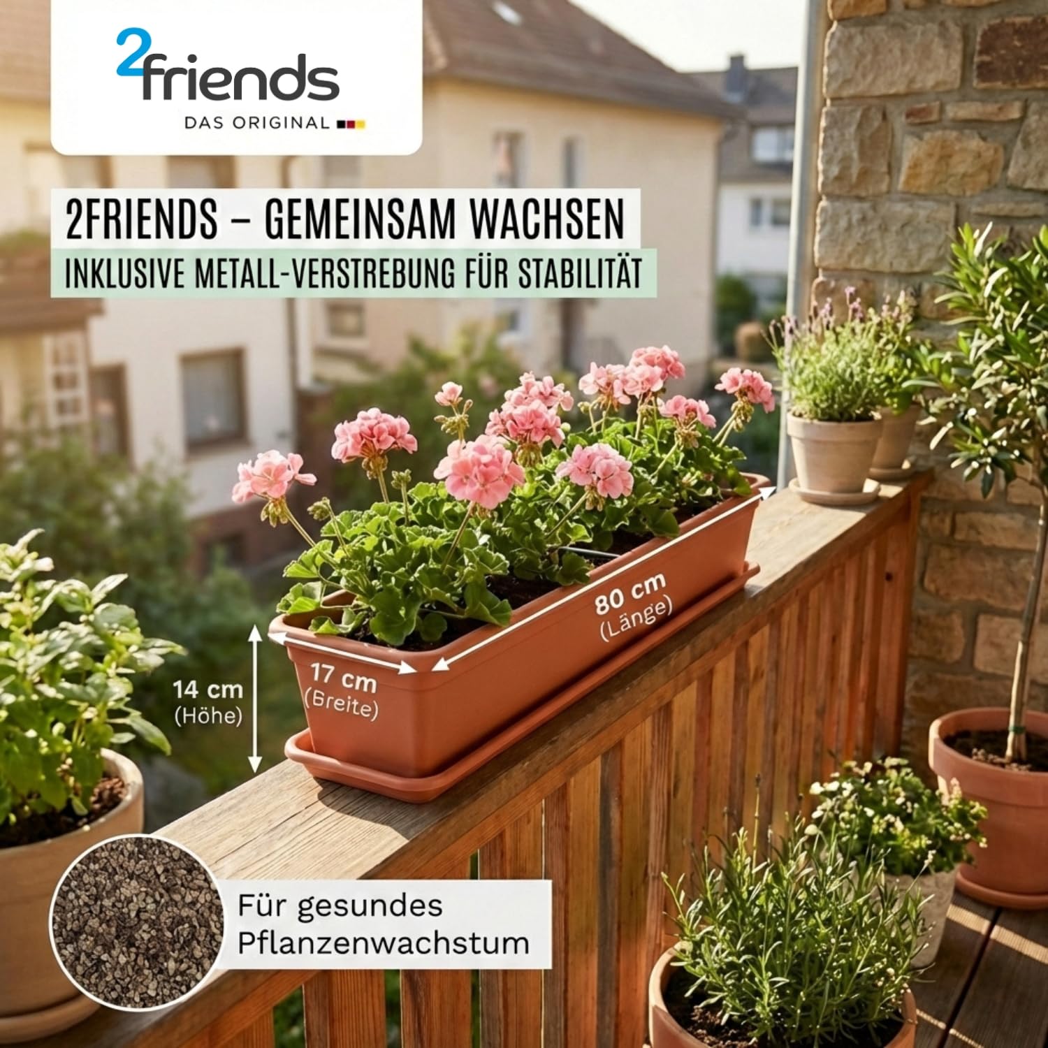 SUSTANIA Lot de 6 jardinières de balcon de 80 cm en terre cuite : transformez votre balcon en une oasis florissante ! Jardinière avec soucoupe