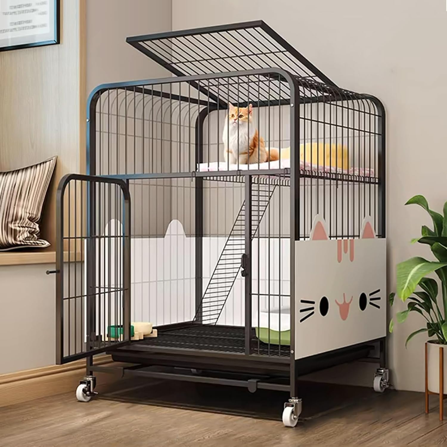 2-tier Cat Playpen, Cat Enclosures Indoor, Cat Cage, Metal, with Heightened Baffle, with Universal Wheels, Pet Playpen, for 1-2 Cats(Black,30.7x21.6x39.3in)