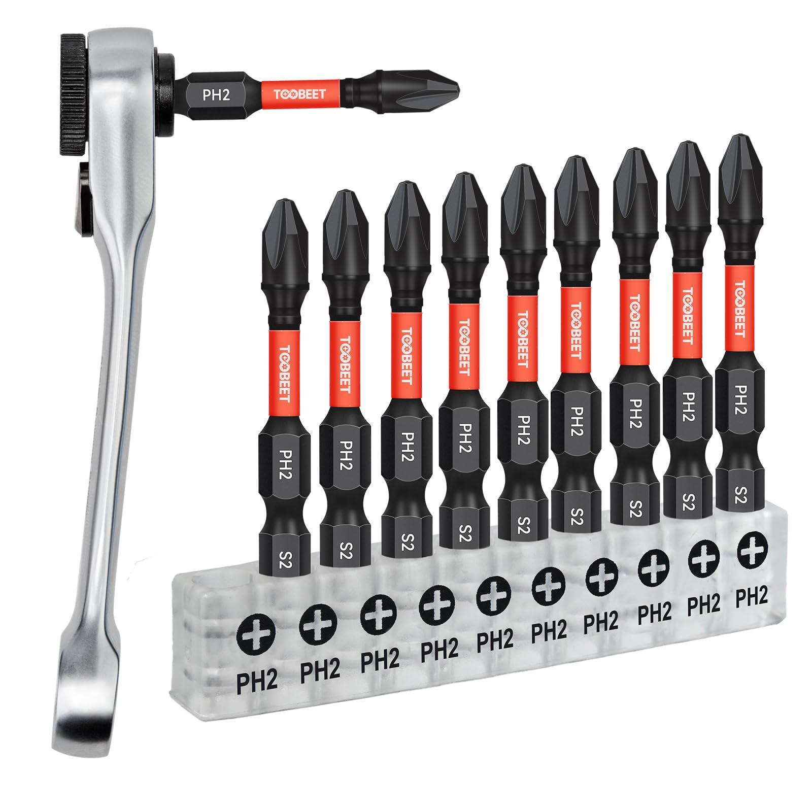 Toobeet Phillips Impact Schraubendreher Bits Set, 11tlg. Magnetischen S2-Stahl 50mm PH2 Schlagfeste Schrauber Bitsatz für Schlagwerkzeuge und Mini-Ratschenschlüssel