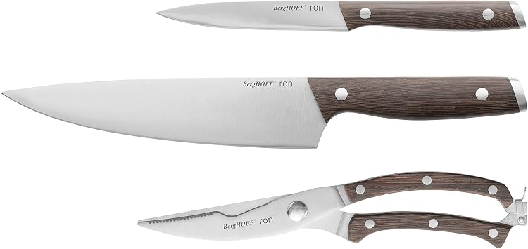 Berghoff RON 18/10 Stainless Steel Blade 3pc Cutlery Set Crack-resistant Ergonomically Designed Safe Grip Wood Hollow Handle Sharp & Well Balanced Lightweight Satin Finish