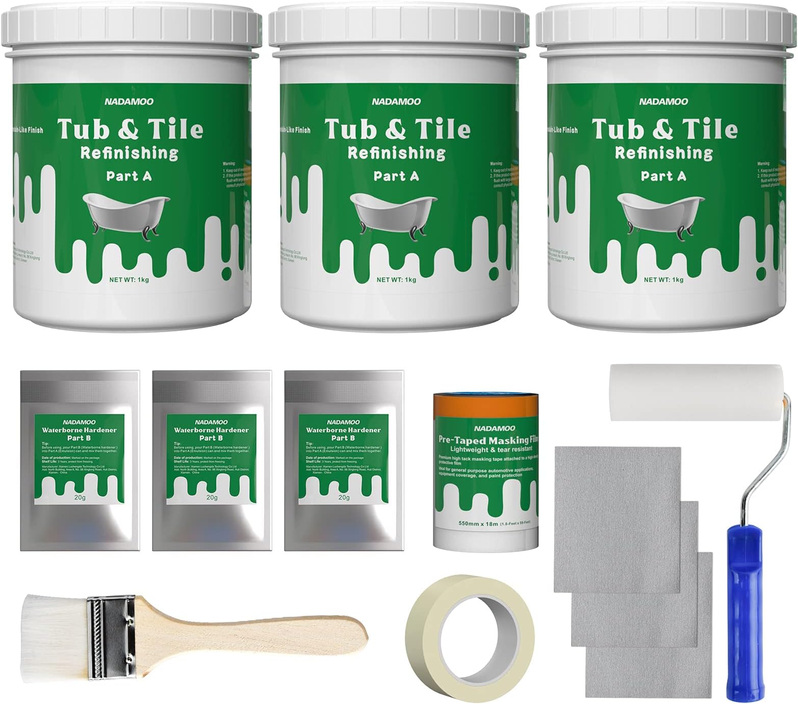 Tub and Tile Refinishing Kit (3kg / 105 oz, with tools, White), DIY Bathtub Sink Countertop Paint Resurface Kit for Bathroom Kitchen Porcelain Fiberglass, Semi-gloss