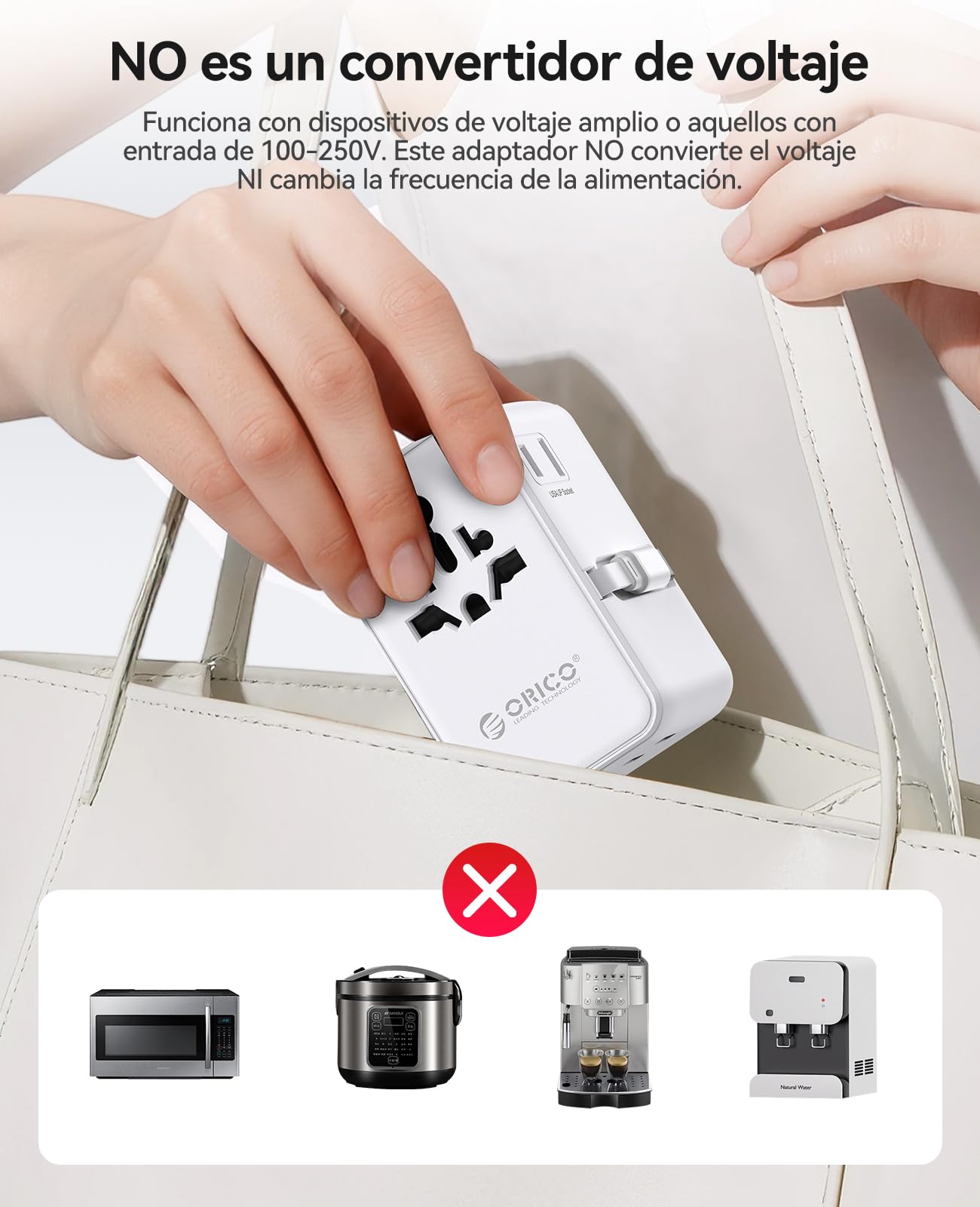 ORICO GAN 100W Adaptador Viaje, Cable Retráctil, 2 Tomas AC + 5 USB, Blanco | Carga rápida para portátiles potentes; compatible en +200 países y regiones; diseño todo en uno; protección seguridad