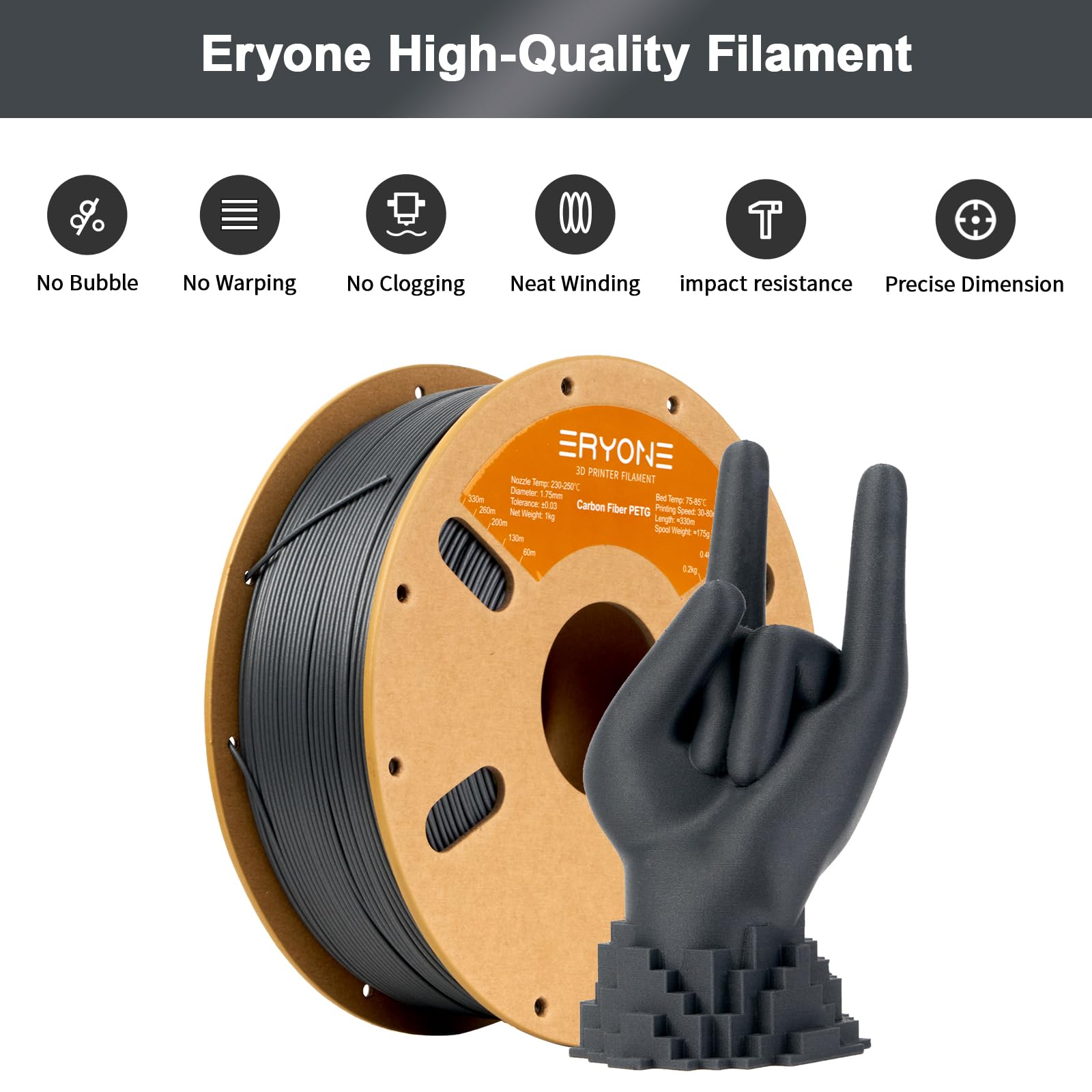 ERYONE PETG Carbon Fiber Filament 1.75mm +/- 0.03mm, PETG CF 3D Drucker Filament, 1kg Spool (2.2LBS), Dark Grey