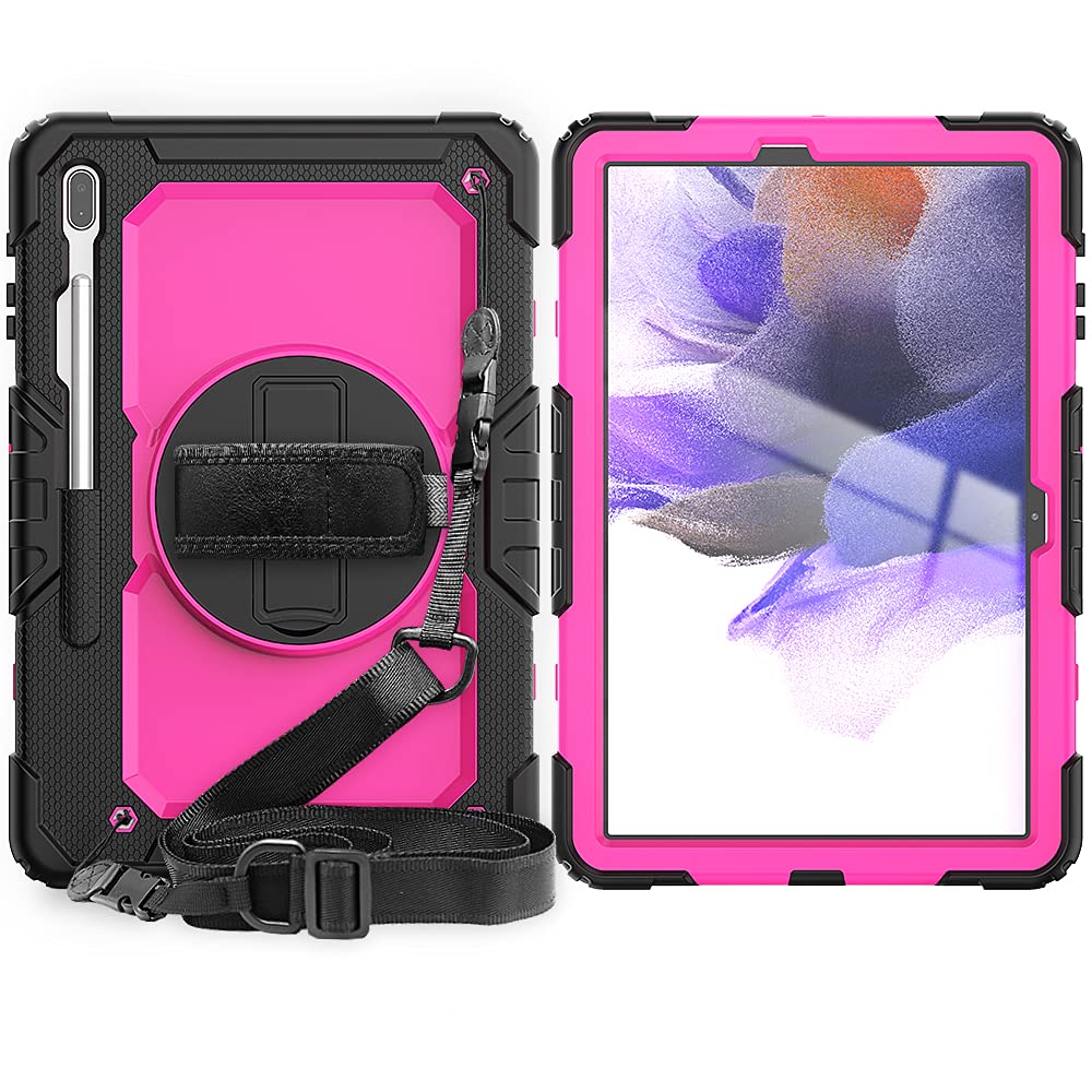 Samsung Galaxy Tab S8 Plus Case 2022 3 Layer Rugged Shockproof Cover for Tab S7 FE/S7 Plus 12.4 inch 2021/2020 inch with 360-Swivel Stand Handle Shoulder Strap Pen Holde Rosy Black