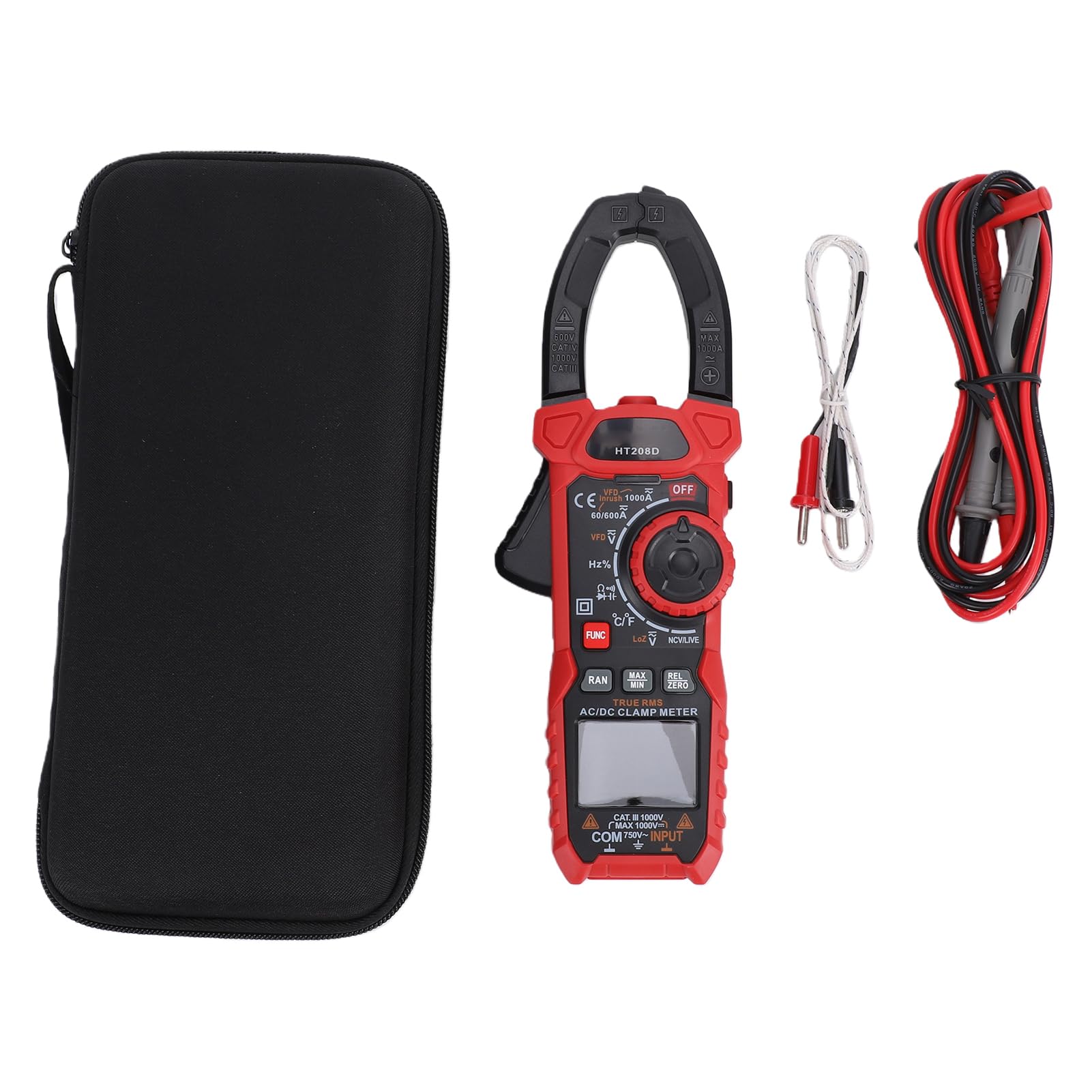 Pinza Amperometrica Digitale 6000 Conteggi NCV Tester di Tensione Senza Contatto Ganascia da 40 Mm, con Corrente CA CC Tensione Resistenza Capacità Temperatura (HT208D senza batteria (1000
