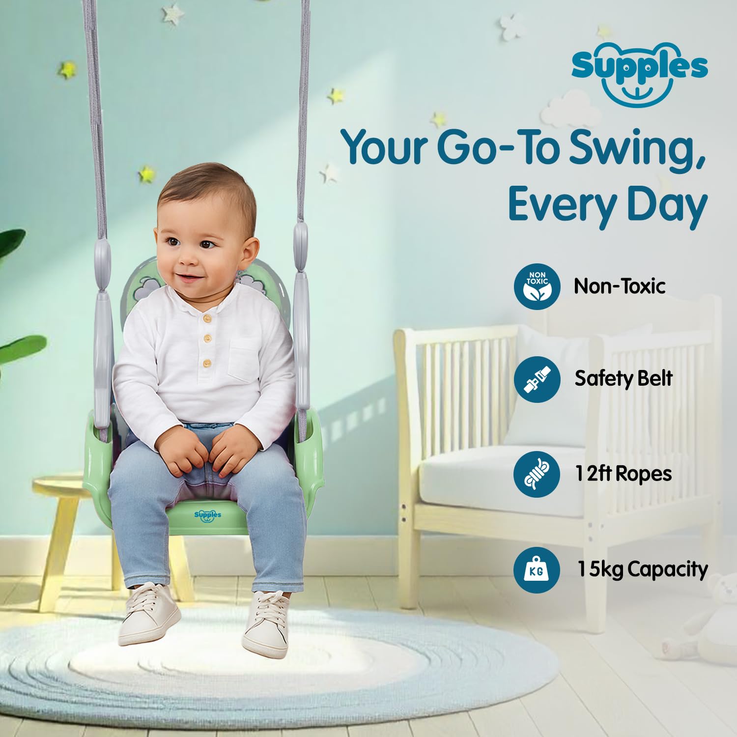 Amazon Brand - Supples Baby Swing for Kids | Non-Toxic Plastic | Indoor & Outdoor Use | Adjustable Design with Safety Belt | Age 6 Months to 4 Years | Green & Grey - Image 2 thumbnail