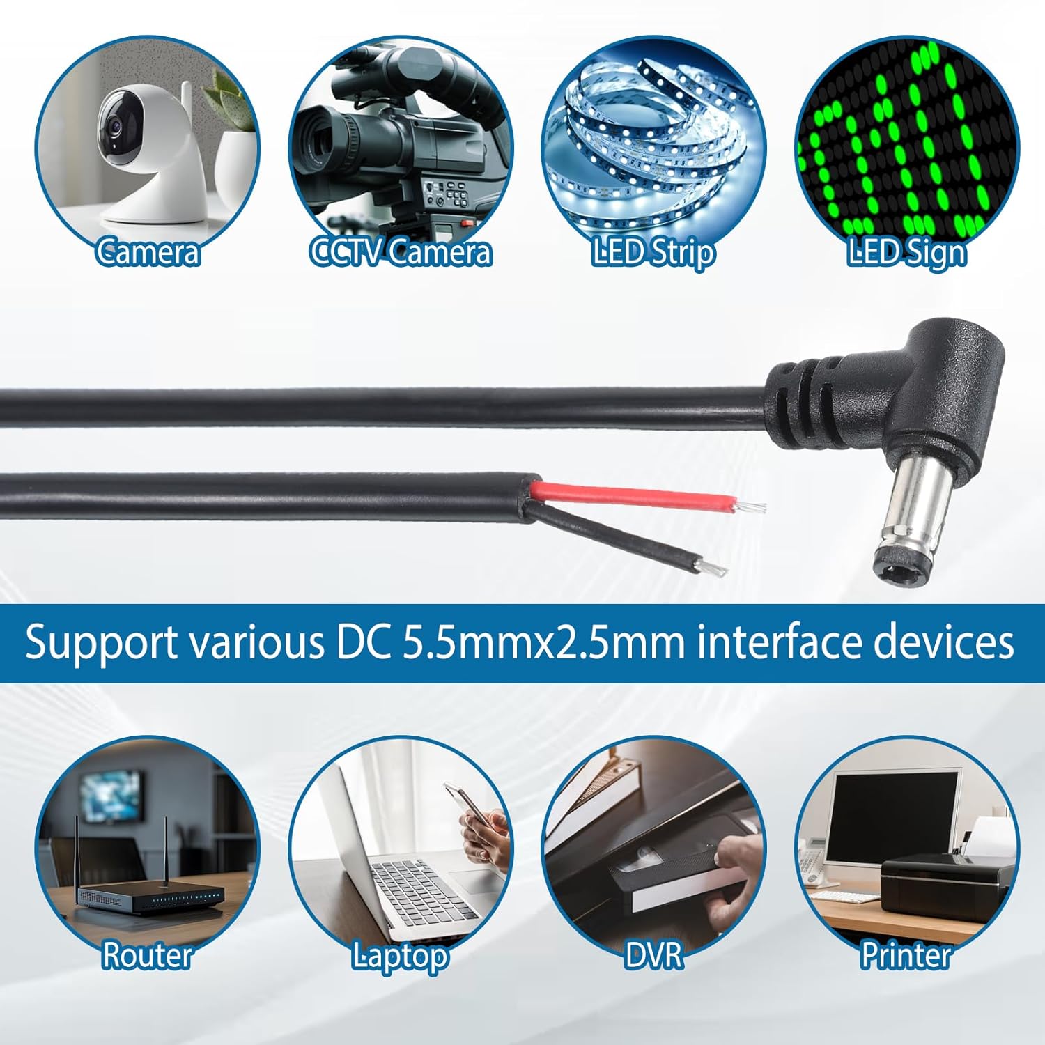 2 Pcs Right Angle DC Power Pigtails Cable, 90 Degree 5.5 x 2.5mm DC Male Barrel Plug to Bare Wire Open End Power Supply Adapter Repair Cord for Security Camera LED Strip Light Monitors (3.3FT) - Image 6