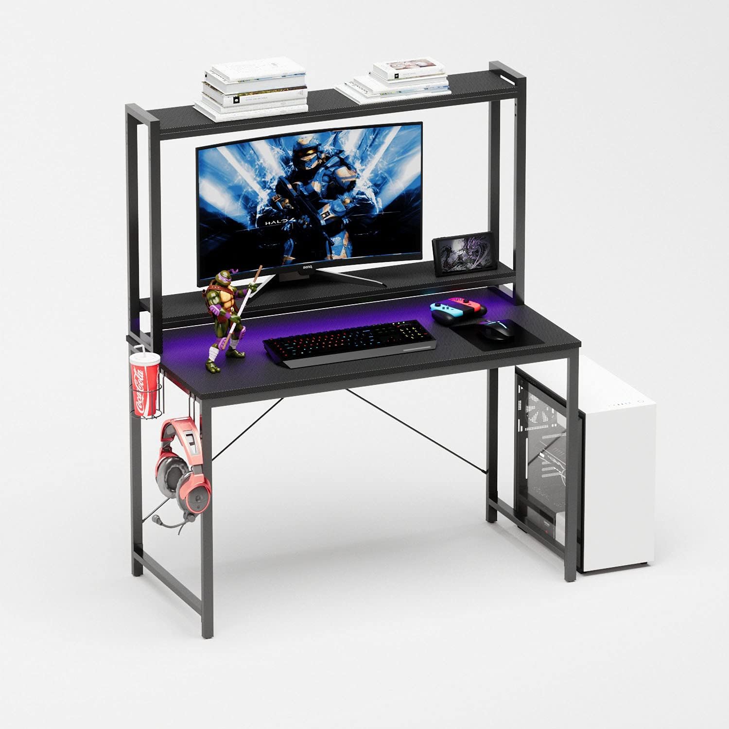 Bestier 47" Gaming Desk with Shelves LED Lights for Teens Kids Bedroom Gaming Computer Desk Adjustable with Storage Kids Desk Headset Hook Cup Holder, Gray