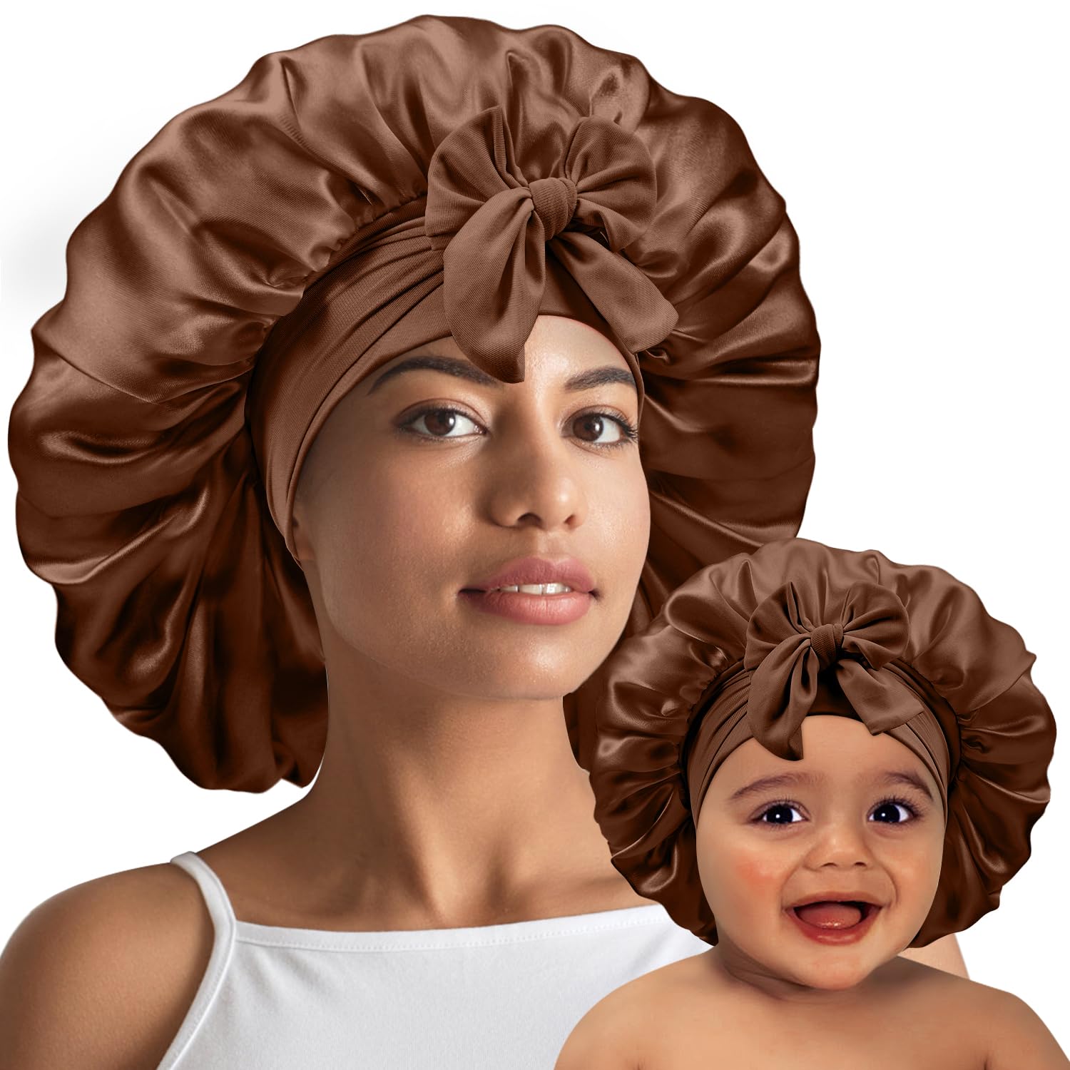 UHBYJM 2 PCS Mommy and Me Bonnet Set, Silk and Satin Bonnets for Sleeping with Elastic Tie Band, Adjustable Hair Bonnets for Women, Girls, Kids and