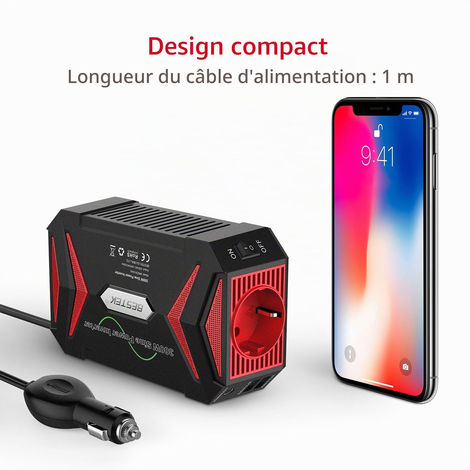 BESTEK Convertisseur 12v 220v Pur Sinus 300w Convertisseur Sinusoïdale pour Voiture Vacance Onduleur Pure 12v avec 2 Ports USB Prise Européenne Transformateur de Tension avec 6 Protections Sûres