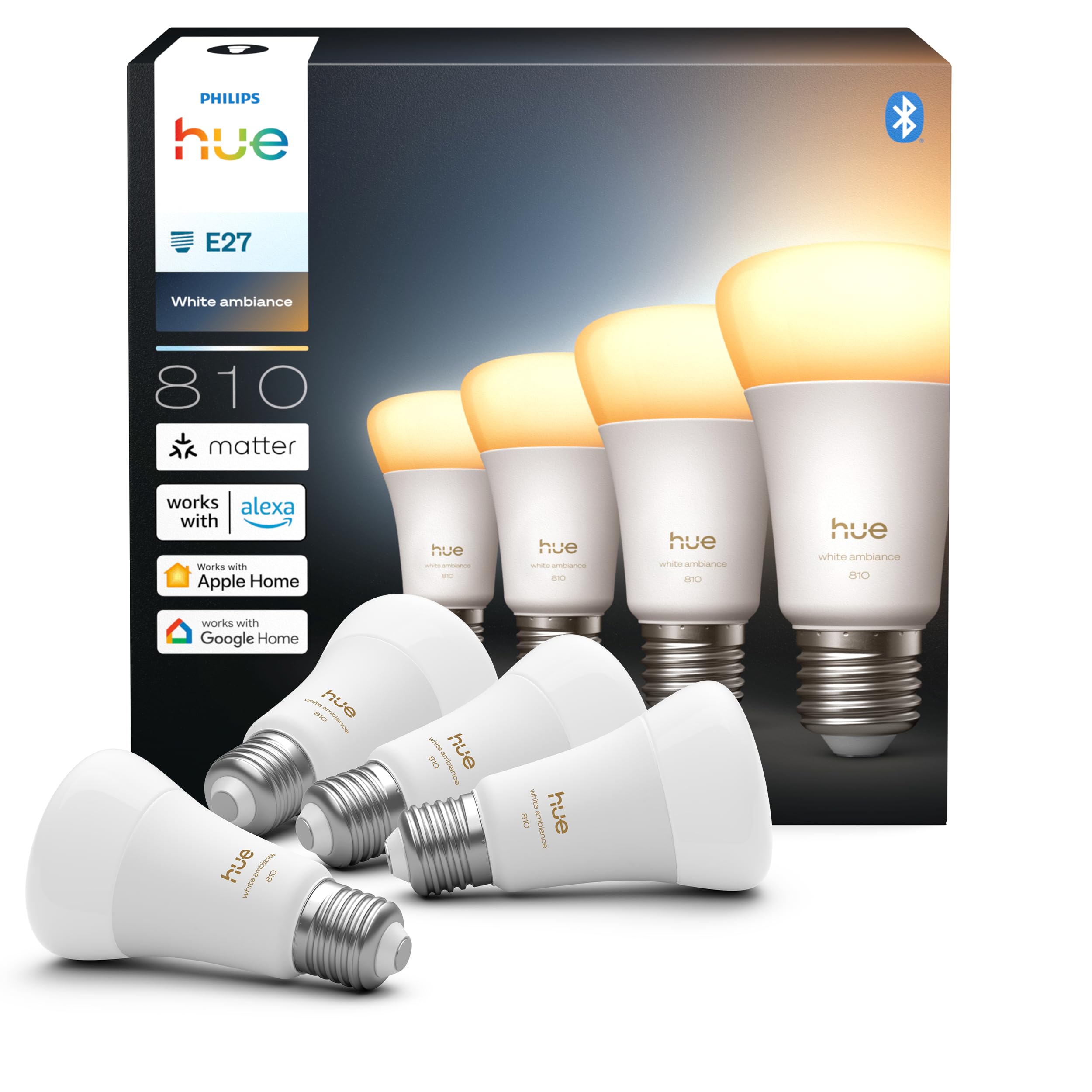 Philips Hue Lampada Smart LED A60, white amb., E27 Base, 6 W, spettro compl. 1.000 K-20.000 K, 810 lumen, int. regolabile, compatibile Alexa, Google Assistant e Apple Home, conf. da 4