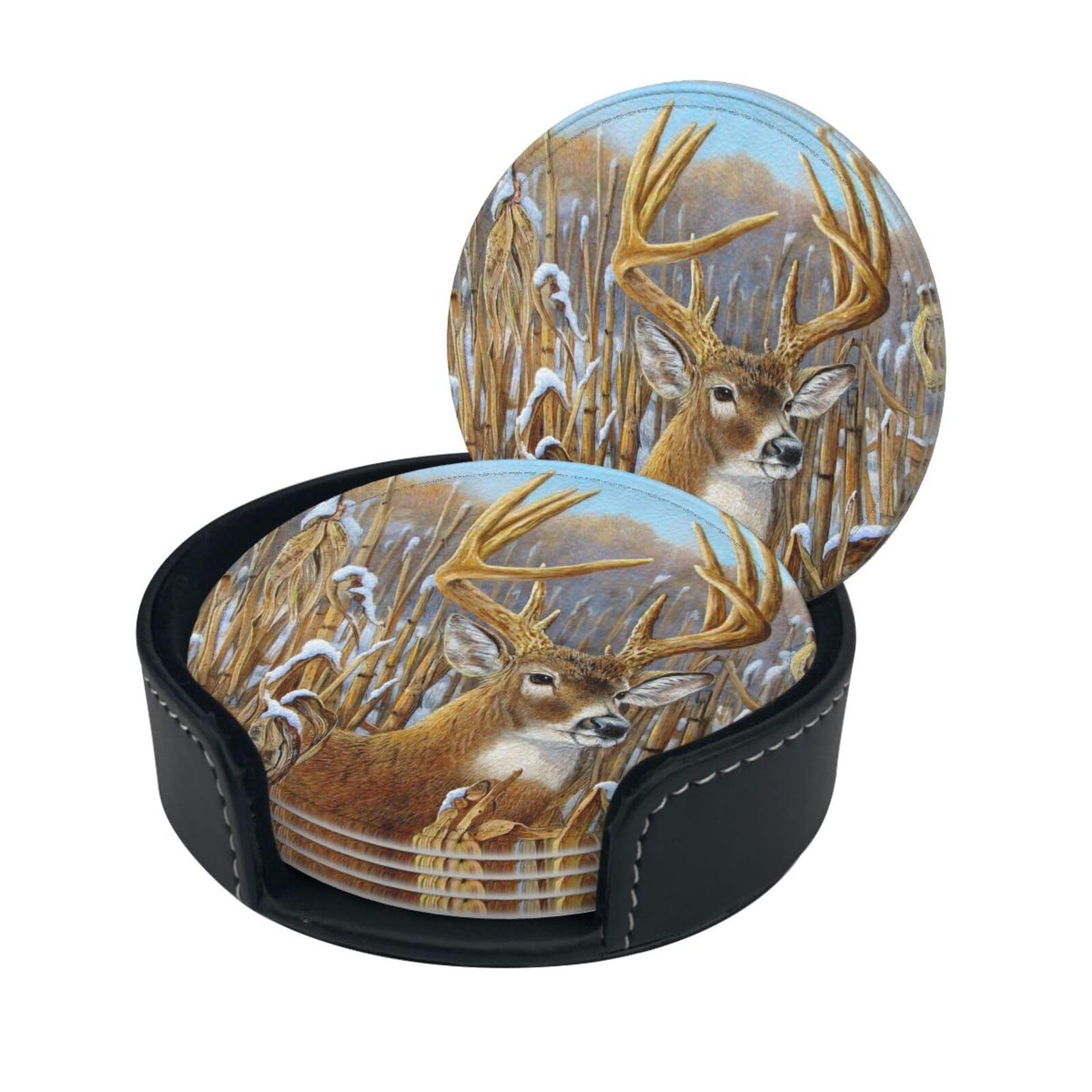 Buck Deer Print Coasters For Drinks With Holder Set Of 6, Pu Leather Coasters Drink Coasters Cup Pad Mats