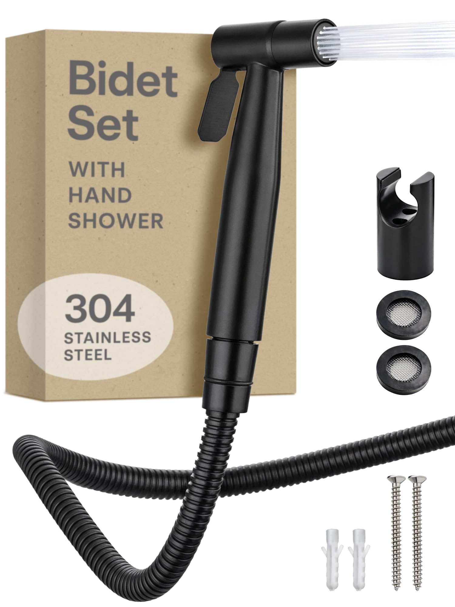 Praknu Handheld Bidet Douche Shower Spray for Toilet in Stainless Steel Sprayer, Hose & Holder - Stainless Steel – for Standard G1/2 Connection – Easy to Install (Black)