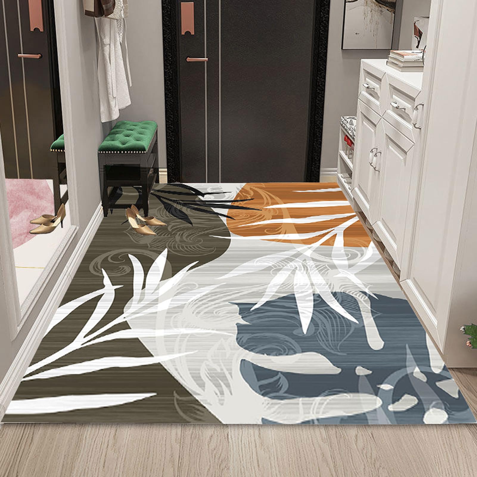 Tapis de Cuisine 60X180cm Tapis Long Couloir, Lavable Antiderapant Gris, Bleu, Orange, Motif de Feuilles Tapis de Passage Tapis Cuisine Devant evier pour Couloir, Passage, Chambre