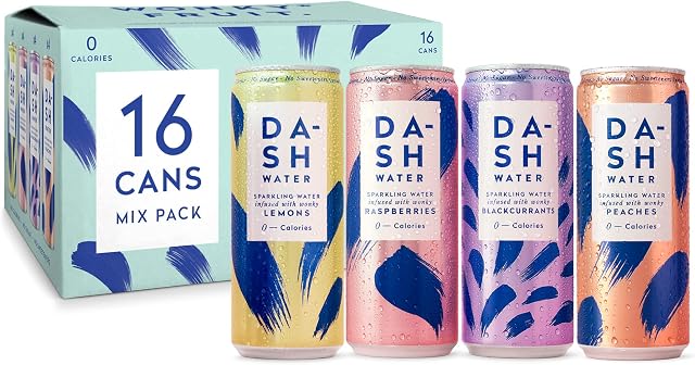 Dash Water Mixed Pack - 16 x Flavoured Sparkling Spring Water - Raspberry, Lemon, Blackcurrant & Peach - Infused with Wonky Fruit (16 x 330 ml cans)