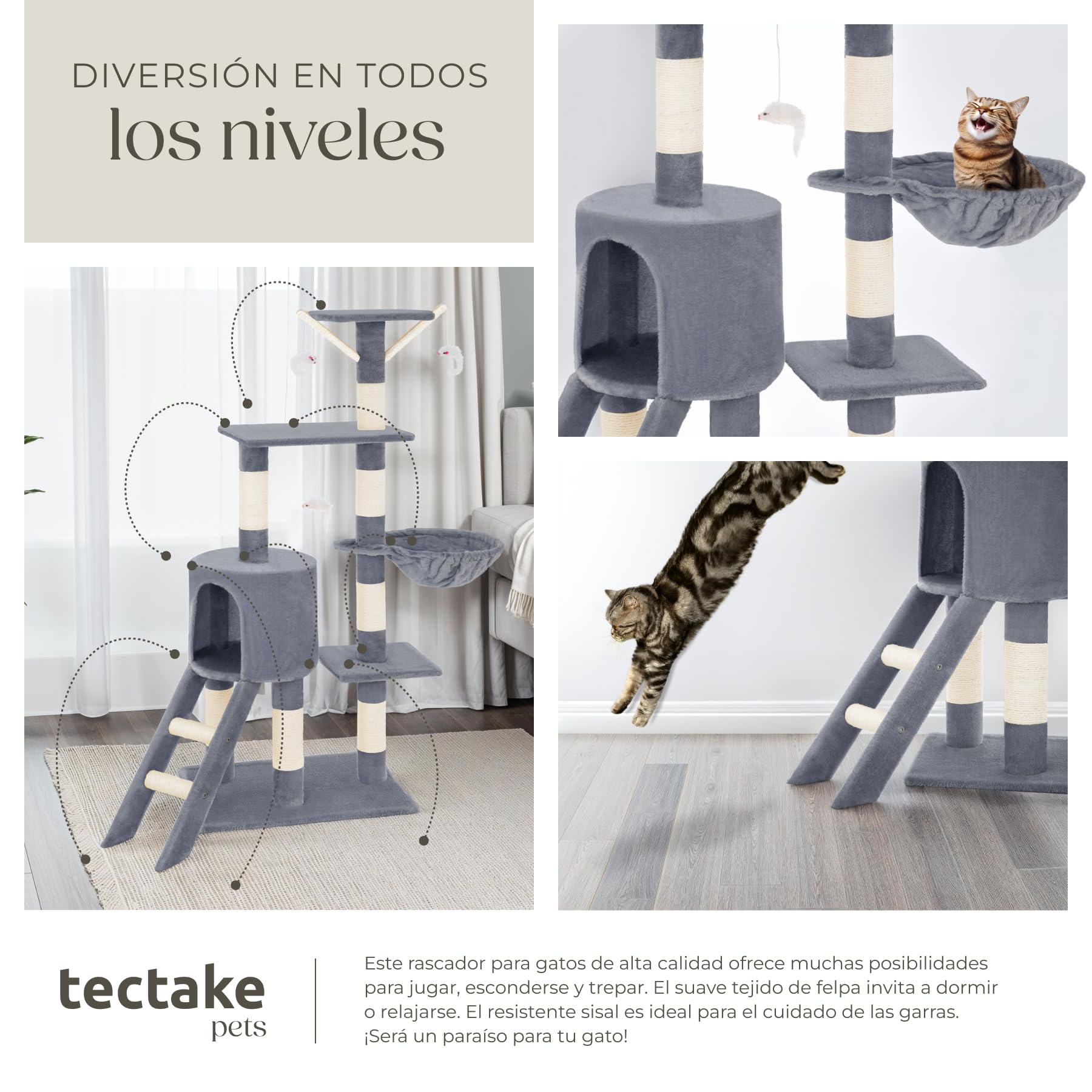 tectake® Arbol Rascador para Gatos, Rascador 144cm, Caseta, Varias Alturas, 3 Ratones de Juguete, Nido, Protección Antivuelco, Estructura Robusta, Rascador Gato - Gris