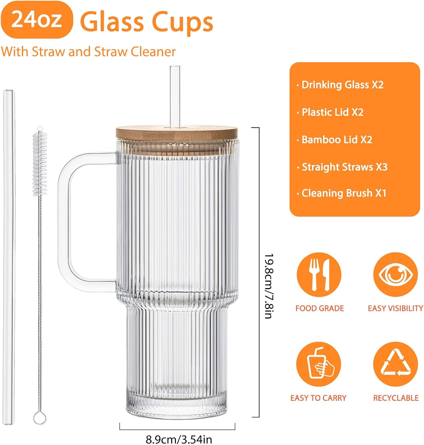 24oz Ribbed Glass Tumbler with Handle and Bamboo Lid, Set of 2 Glass Cups with Lids and Straws for Coffee, Tea, Juice and Smoothies, Reusable Iced Coffee Cups Includes 2 Sealed Plastic Lids - Image 3