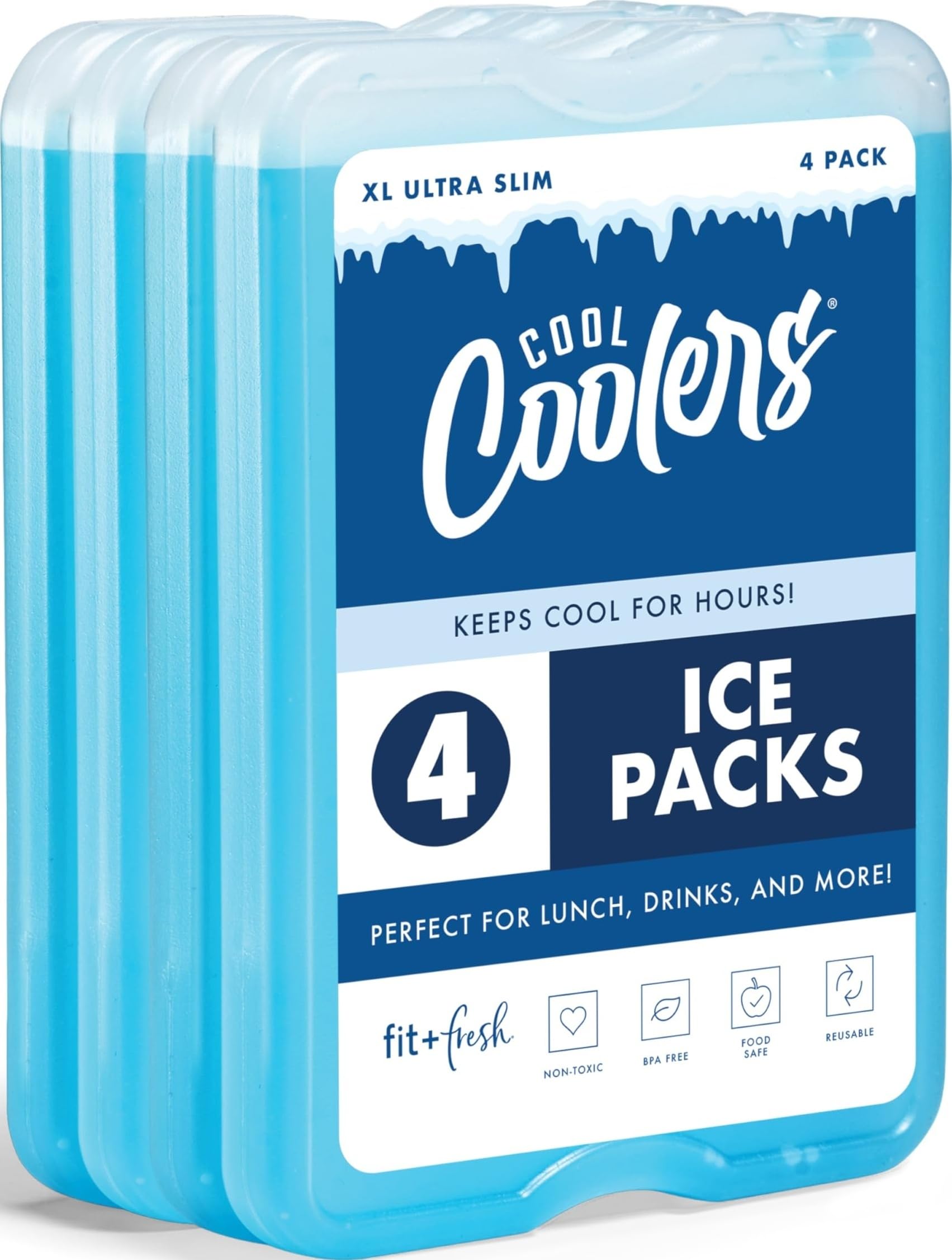 Cool Coolers by Fit &amp; Fresh XL Slim Ice Packs, Quick Freeze Reusable Ice Packs for Lunch Boxes &amp; Coolers, Long-Lasting, Space Saving Cooler Ice Packs