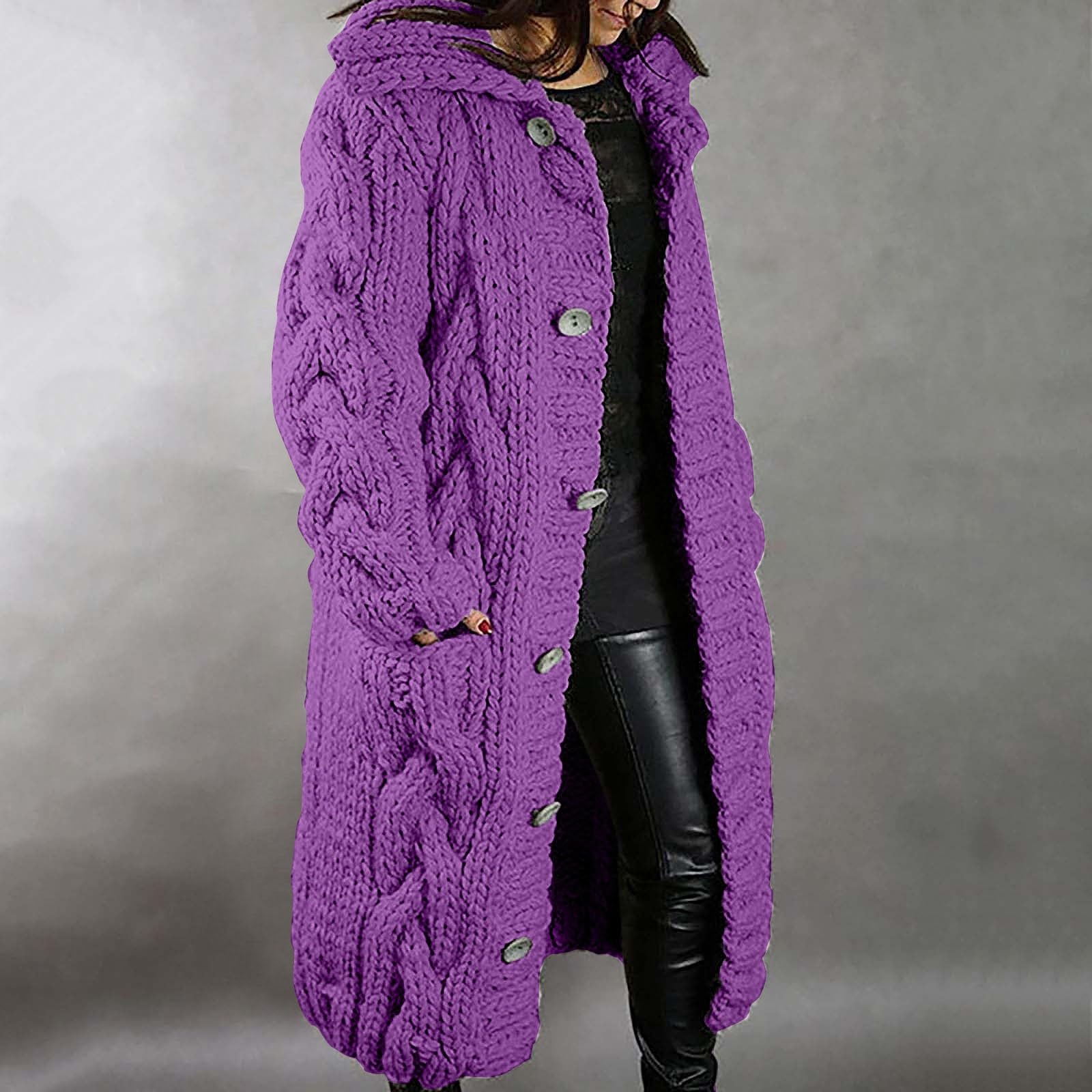 Strickpullover für Damen, Sweatshirt mit Kapuze, übergroßer Grobstrickpullover, einfarbig, vorne offen, locker, grober Pullover, lässig, lockere Strickwaren, Pullover mit Taschen