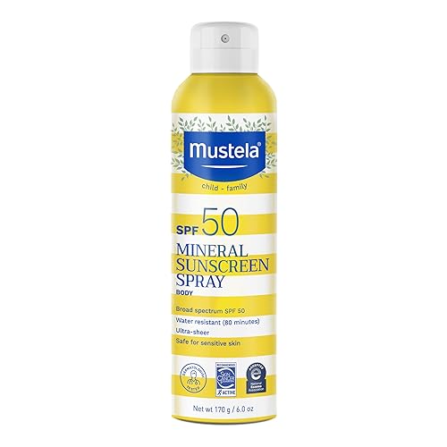 Mustela Spray de protección solar mineral para bebés SPF 50 de amplio espectro Spray solar corporal para piel sensible no nano resistente al agua y Mustela Spray de protección solar mineral para bebés SPF 50 de amplio espectro Spray solar corporal para piel sensible no nano resistente al agua y
