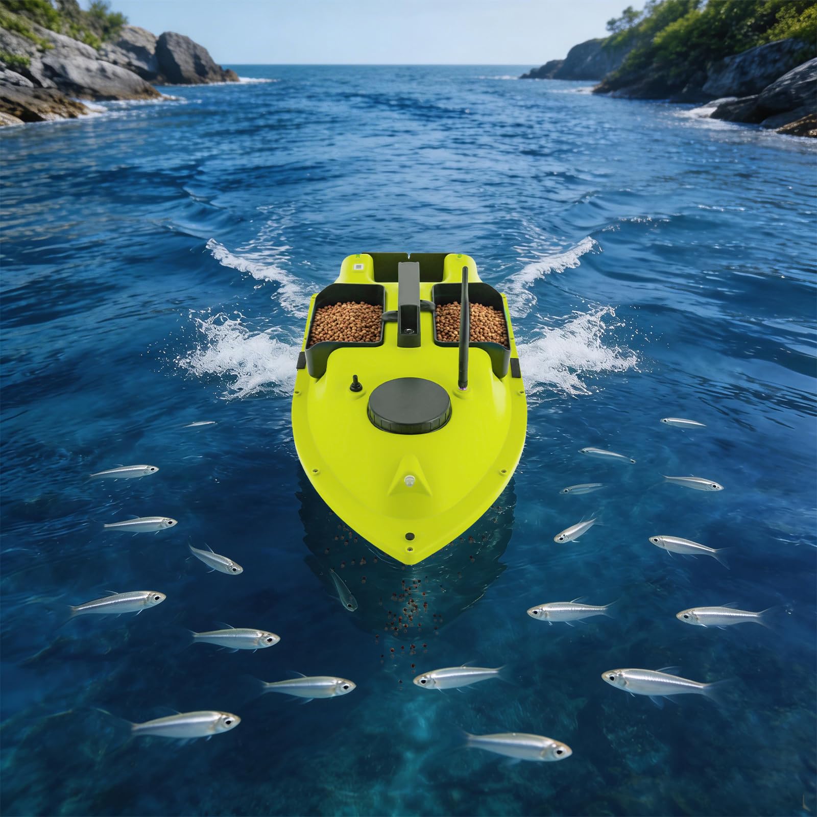 Barca per mangimi a distanza, 600 m, con GPS e ritorno automatico, 99 posizioni, barca RC, 2 batterie da 5200 mAh, 90 min, capacità di 1,5 kg, in ABS, impermeabile, per pesca, carpe, luccio