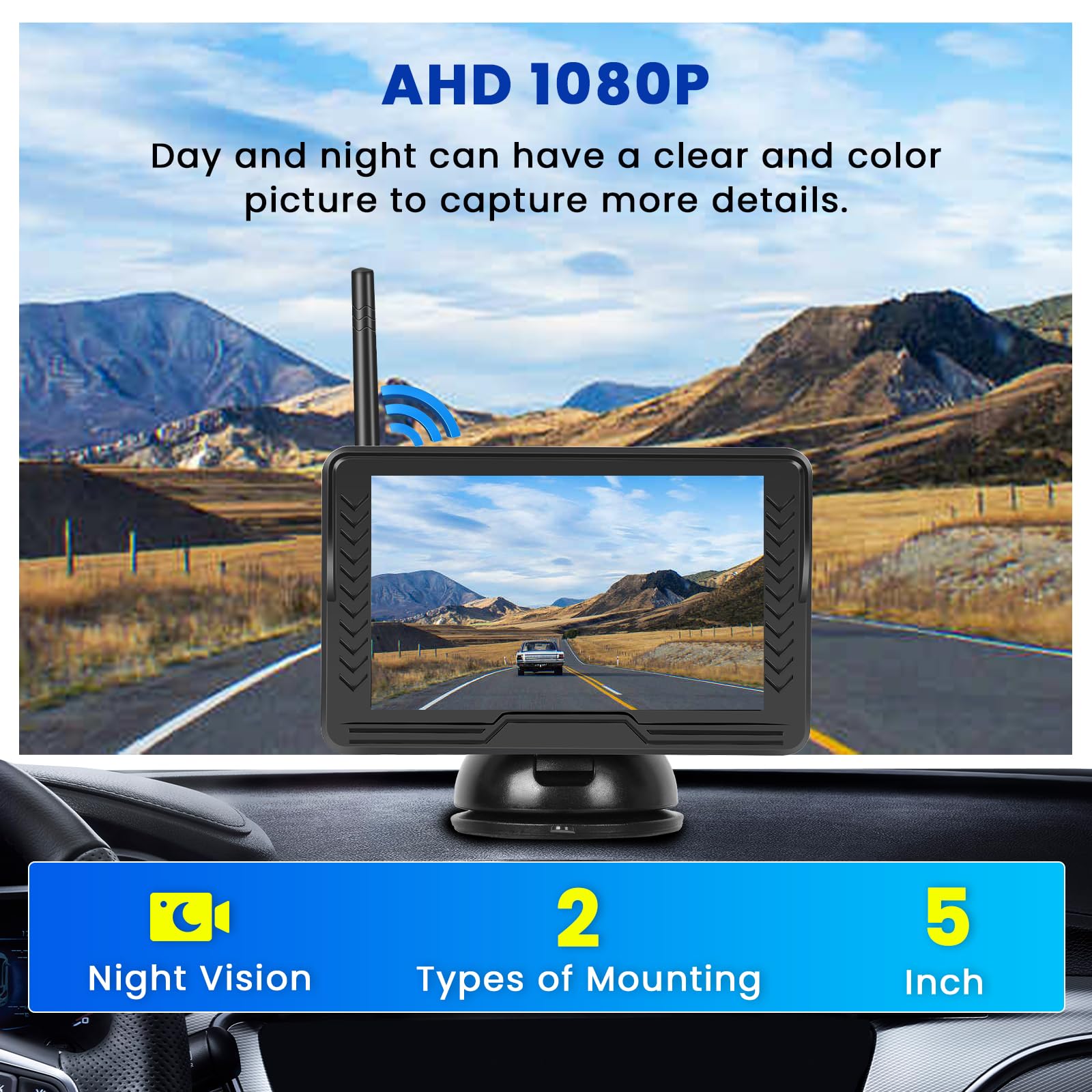 Inefala Kit de Monitor de Cámara de Marcha Atrás Inalámbrico con Pantalla de 5 Pulgadas, IP69 Impermeable Visión Nocturna Camaras de Visión Trasera Reversa para Camiónes, Remolques, Coches, RV