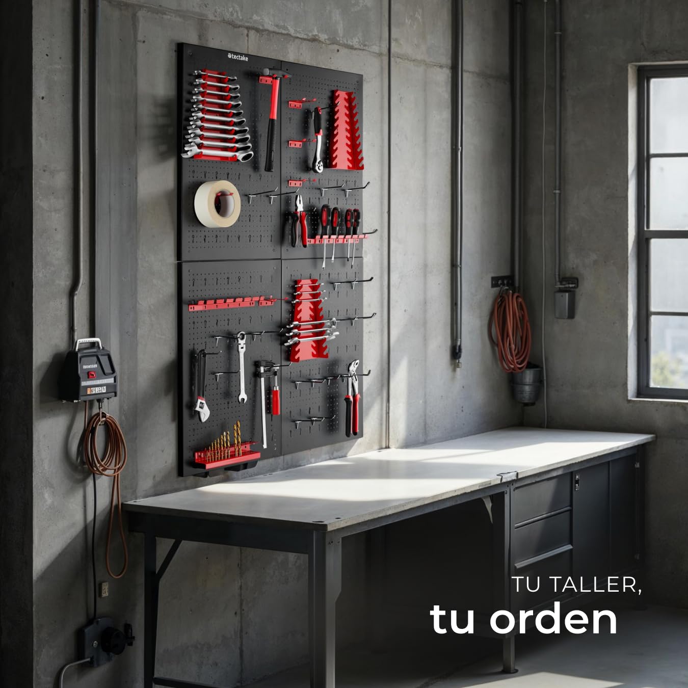 tectake® Organizador de Herramientas de Pared, Panel Perforado, Estantería de Taller con Ganchos, Banco de Herramientas, Herramientas Bricolaje, Tablero Perforado - 4 Tableros