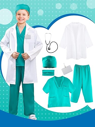 Miniatura 5 de Juego de 2 disfraces de médico para niños, uniforme de cirugía quirúrgica con estetoscopio, para Halloween, disfraz, cosplay