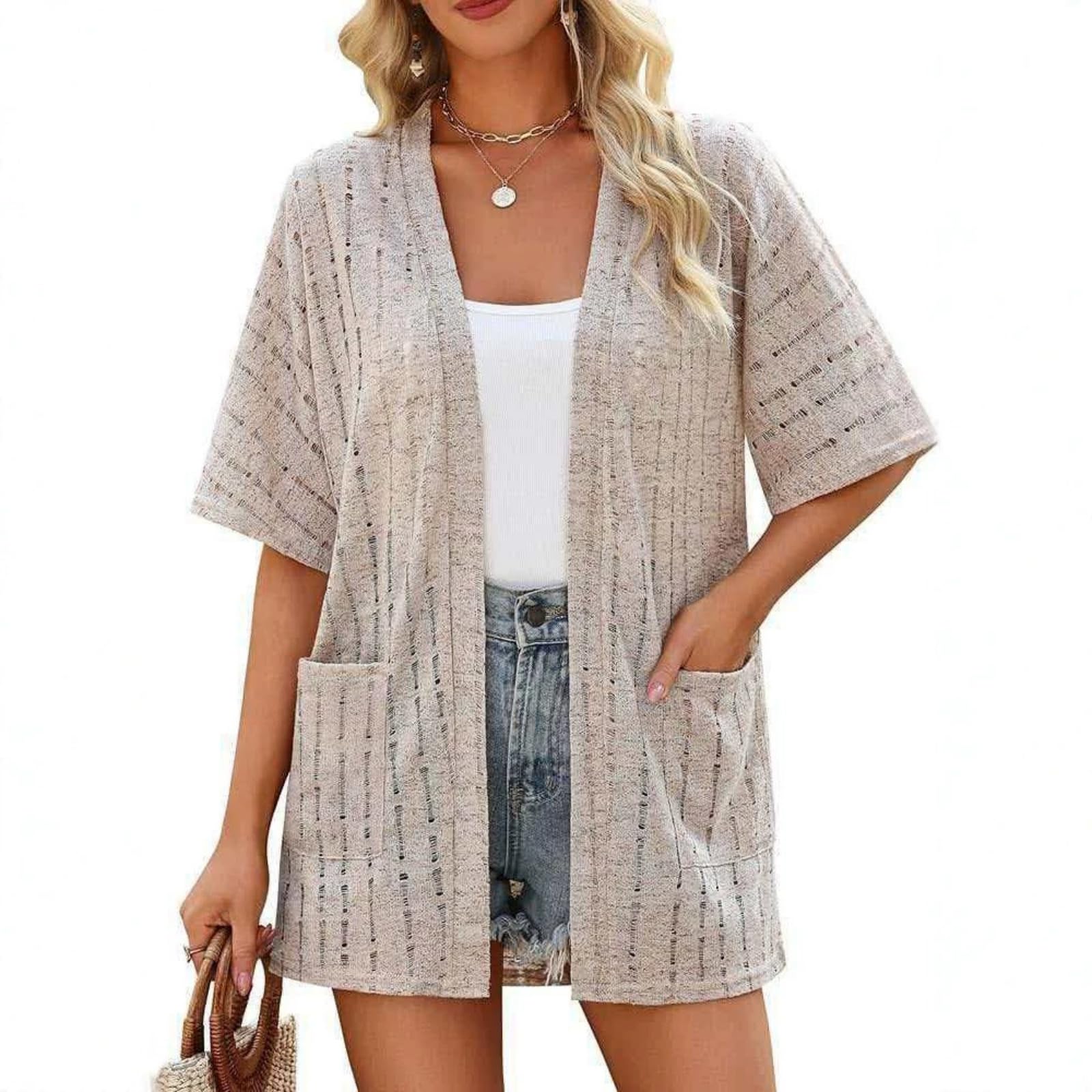 Generisch Kimono da mare da donna – Copricostume a maniche corte aperto sul davanti con tasche, morbido kimono estivo da spiaggia