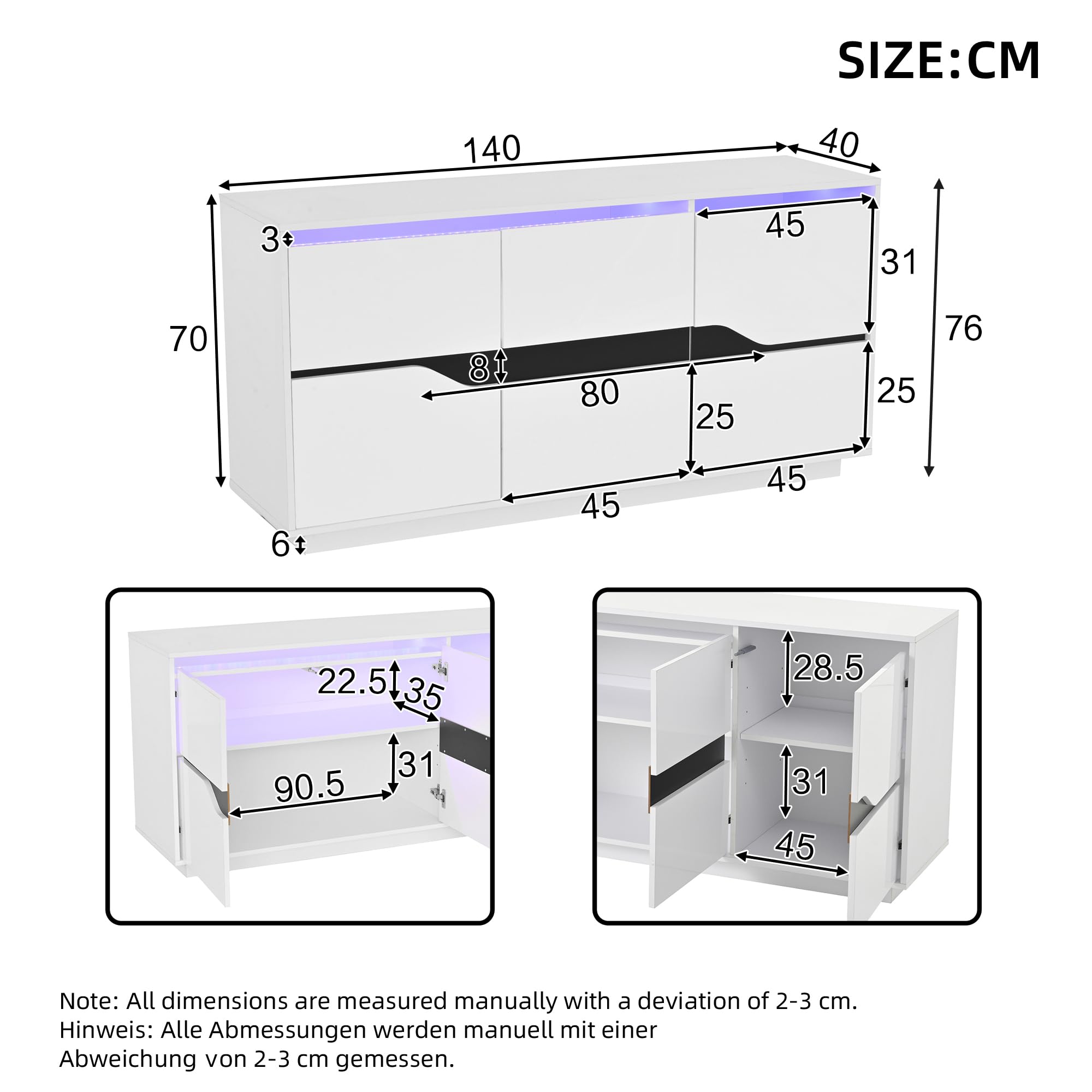 Merax Sideboard Hochglanz Weiß mit LED, Küchenschrank mit 3 Türen, Anrichte mit Verstellbares Regal, Buffetschrank Mehrzweckschrank mit viel Stauraum, Flurschrank für Wohnzimmer, Esszimmer, 140cm