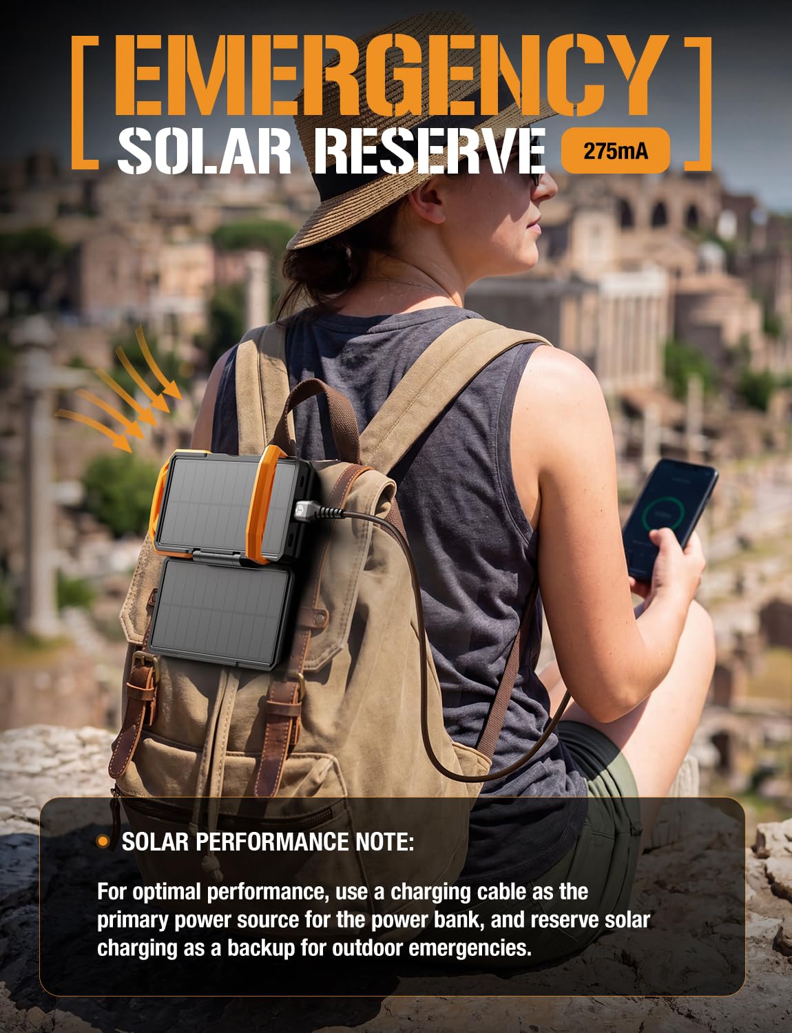 ToughTested Cargador portátil de energía solar dual de 10.000 mAh, batería externa IP65 impermeable y linterna LED de 18
