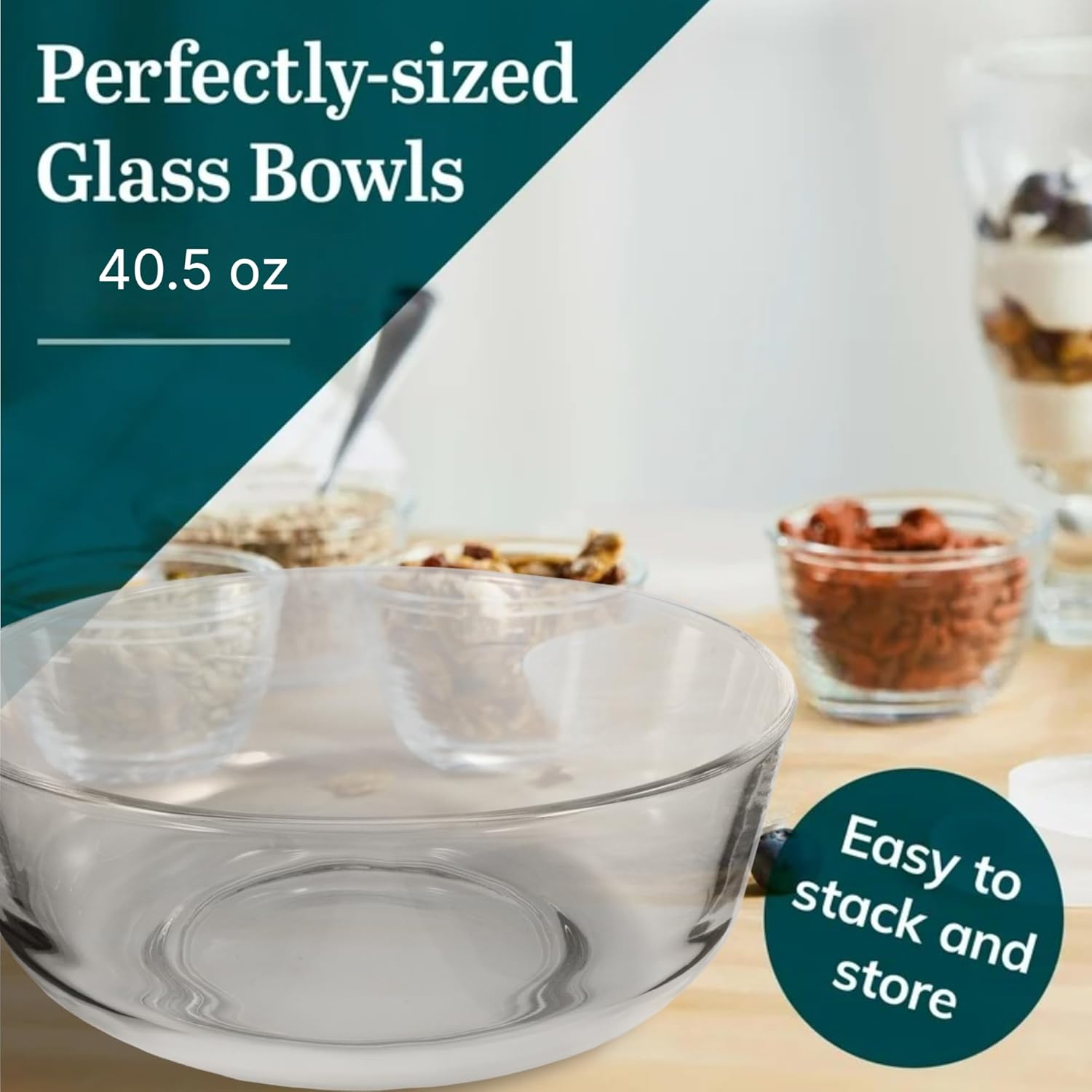 7-inch Glass Bowl (Set of 4), 40.5oz - Sleek & Durable Soda-Lime Glass, BPA-Free, Dishwasher Safe, Ideal for Salads, Snacks, Side Dishes - Oven-Safe & Heat Resistant Serving Bowls