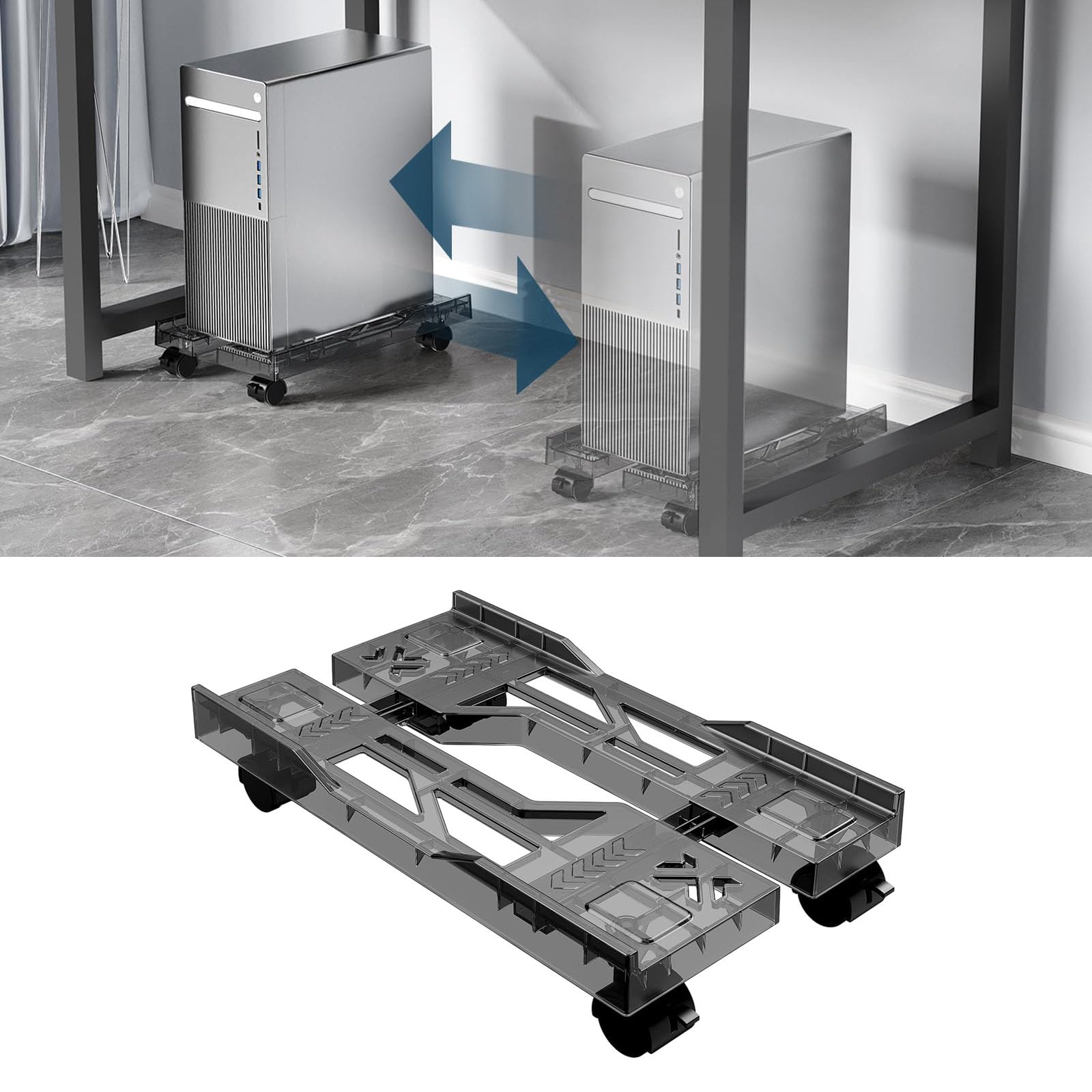 HBSTUDIO Computer Tower Stand, Adjustable Mobile CPU Stand with 4 Rolling Caster Wheels,Transparent Computer Host Bracket PC Tower Stand Fits Most PC Under Desk (Clear Gray)