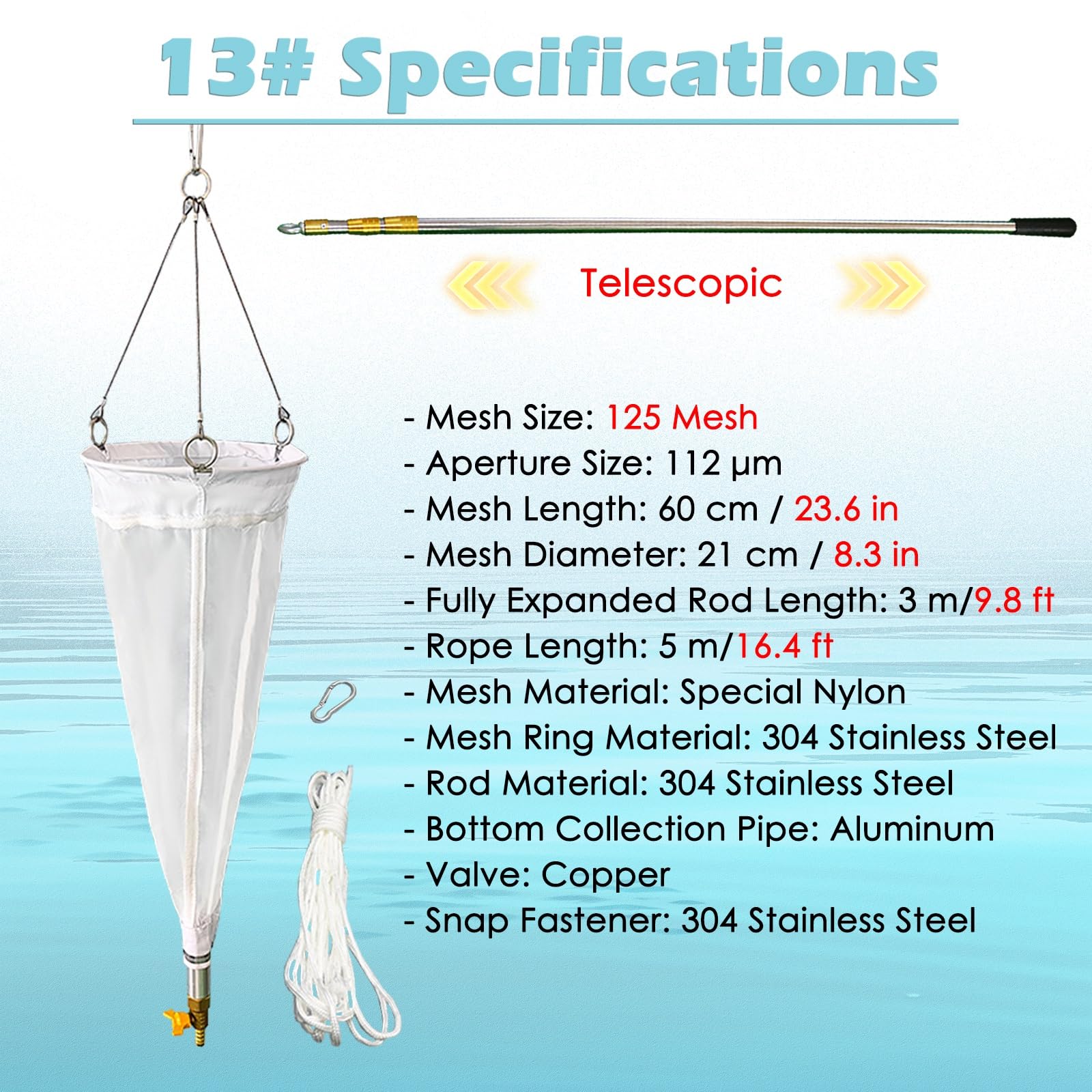 #13#25 Plankton Net for Protozoa, 125 200 Mesh Thickened Experimental Nylon Collection Nets, for Lake River Sampling Phytoplankton/Rotifers/Zooplankton(13# 125 Mesh)